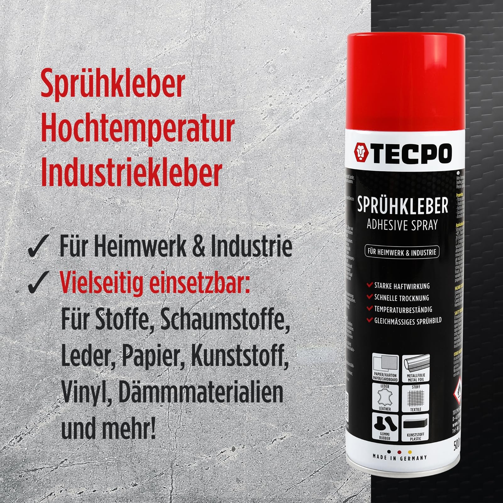 TECPO Lot de 4 sprays de colle industrielle 500 ml, adhésif industriel, forte adhérence, séchage rapide, haute résistance à la température, polyvalent pour textiles, cuir, mousses, matériaux d