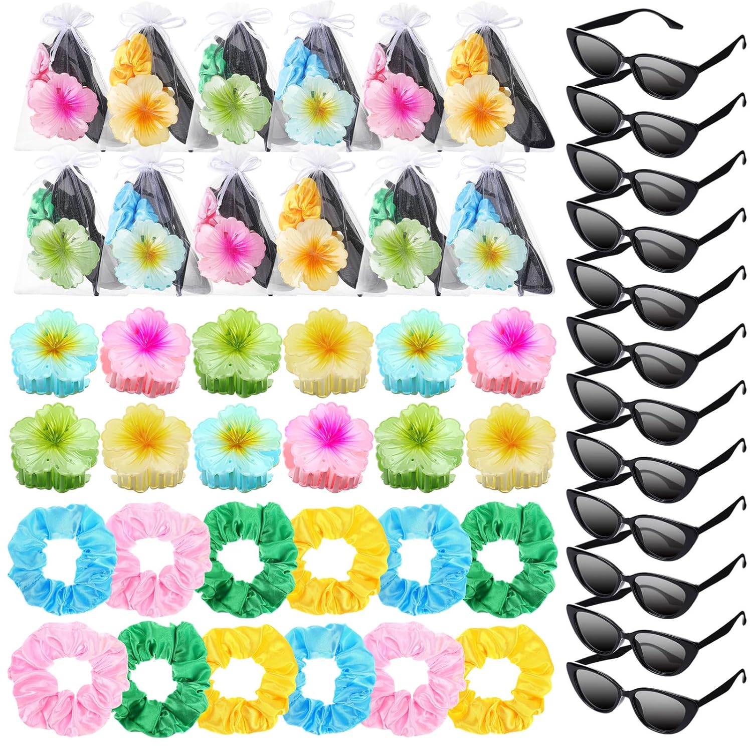 Blosssound 60 Pcs Hawaii Hair Accessories for Women Hawaiian Flower Claw Clips Satin Silk Scrunchies Cat Eye Sunglasses Beach Party Favors for Bridal Wedding Tropical Luau Party Supplies