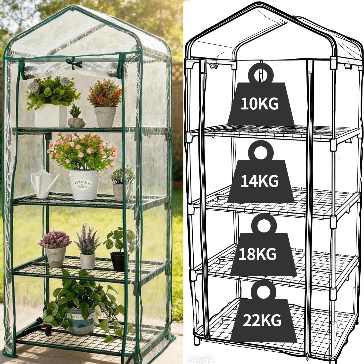 Mini Green House Covers, Portable Plastic Greenhouses with Heavy Duty Transparent PVC with Plant Growing Lights (4_Tier)