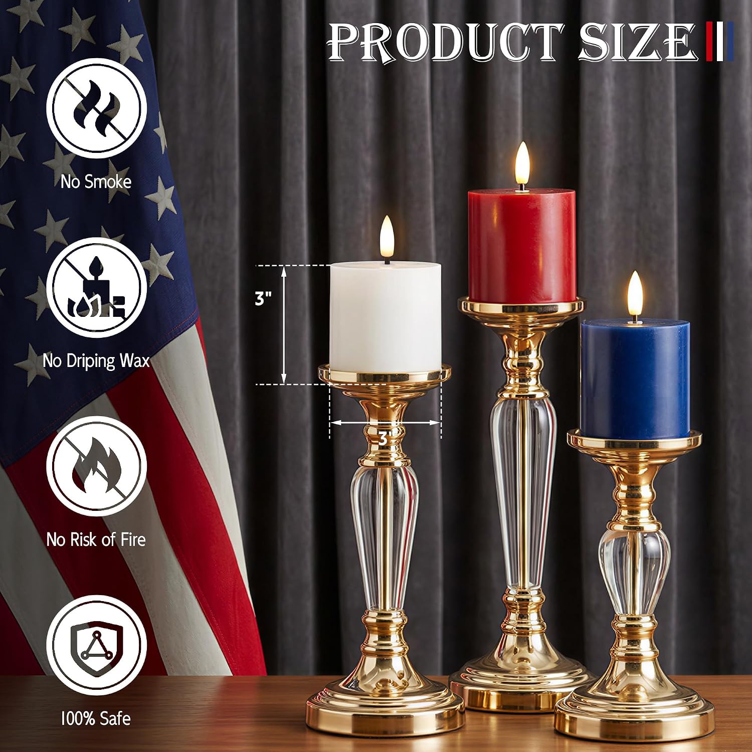 4th of July Candles, Patriotic Flameless Pillar Candles with Remote and Timer, Red White and Blue Battery Operated Set of 3, Real Wax LED Pillar Candles for Independence Day, 250th Anniversary