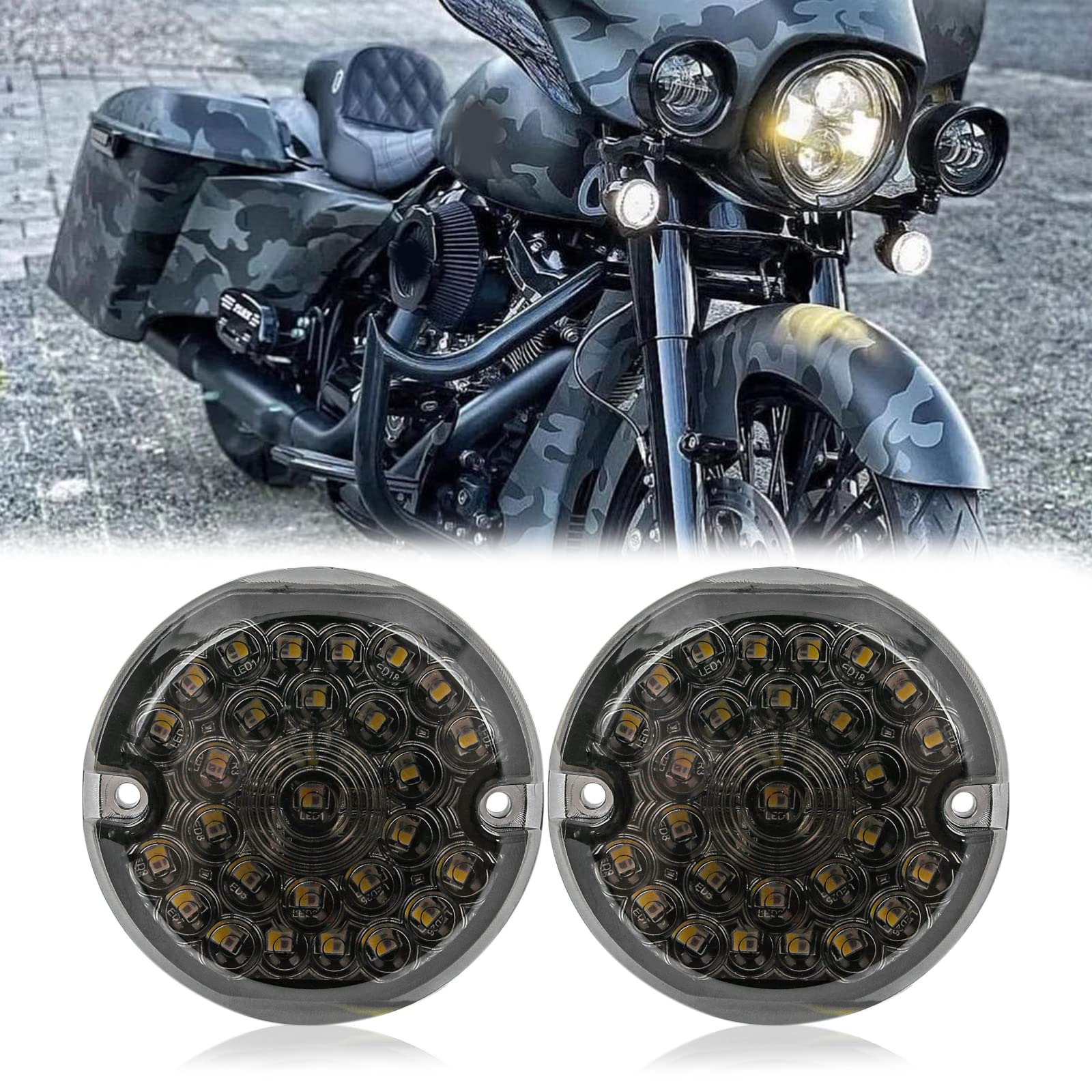 Rich Choices3-1/4 Inch Led Motorcycle Turn Signal Flat Smoke Lens 1157 Base Amber Lamp Compatible with Harley Road Glide Road King Softail Ultra Classic Ultra Limited Electra Glide
