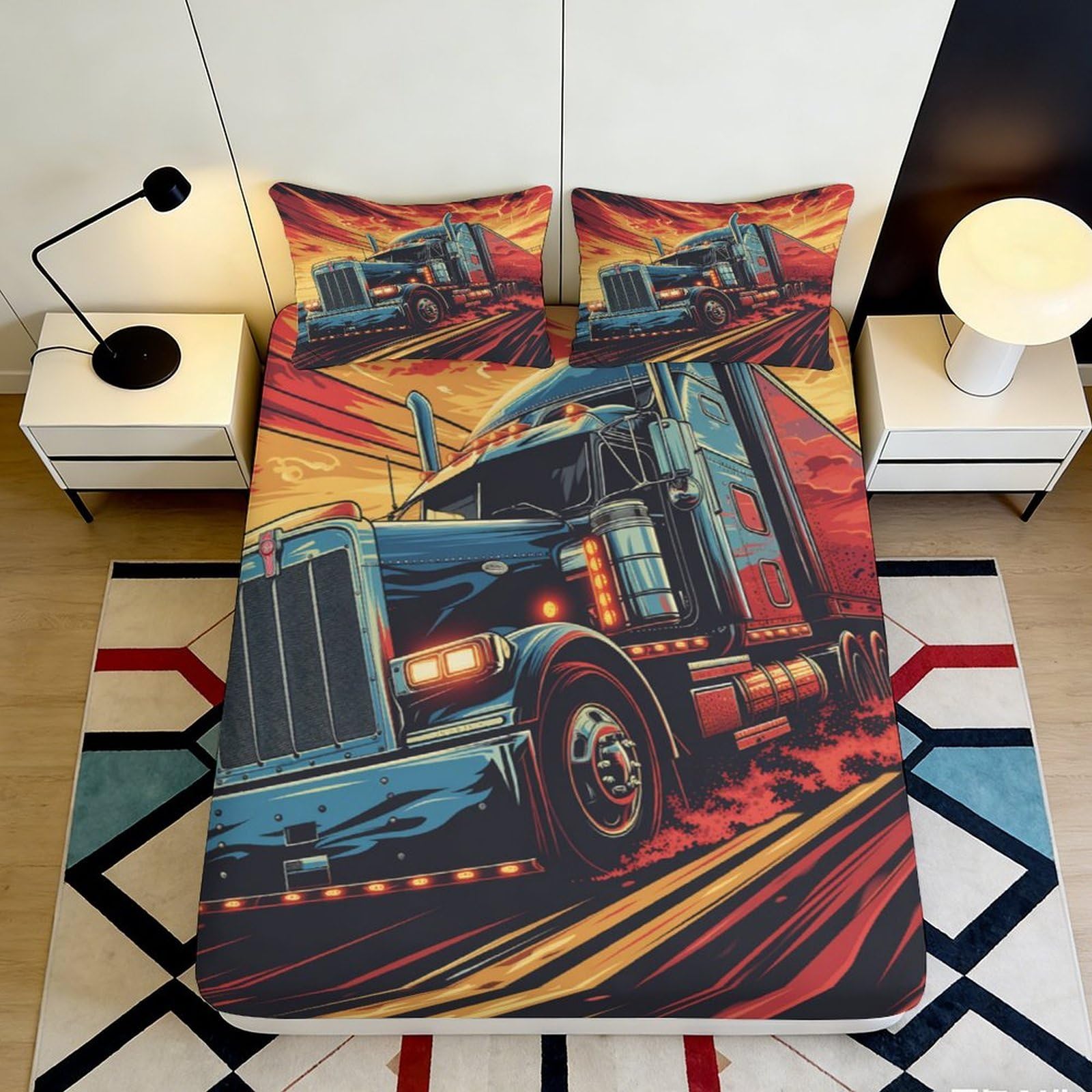 3D Printed Truck Design Fitted Sheet Microfiber Durable Breathable 3D Printed Semi Truck Bed Cover for Bedroom Dorm Dormitory Guest Room Protection 140x200x25cm