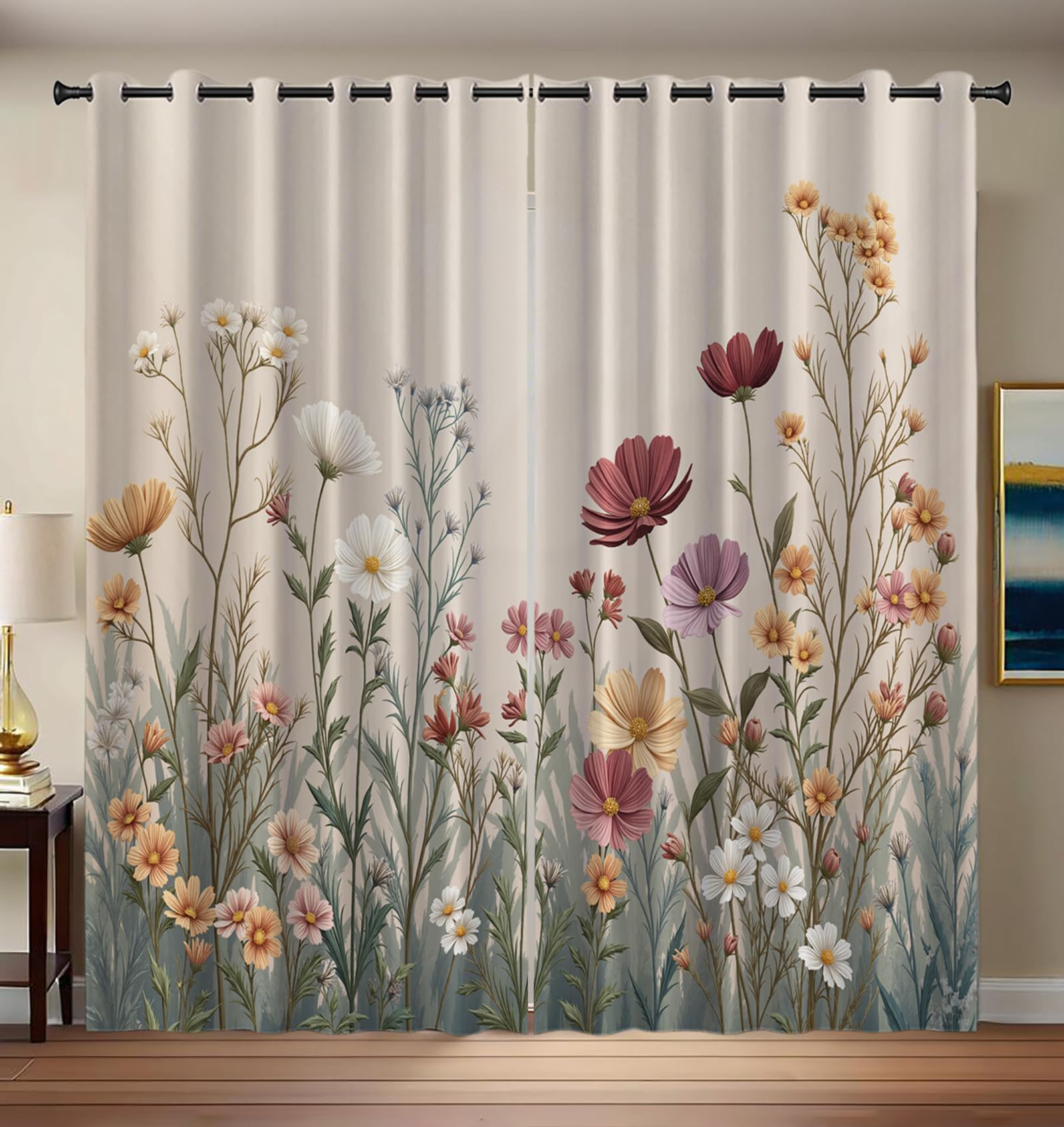 Cortinas Estampadas con Flores Silvestres Ilustración Dibujada A Mano de Salon Modernas 2 Piezas 140x245cm Cortinas Opacas para Dormitorio Habitacion con Ojales