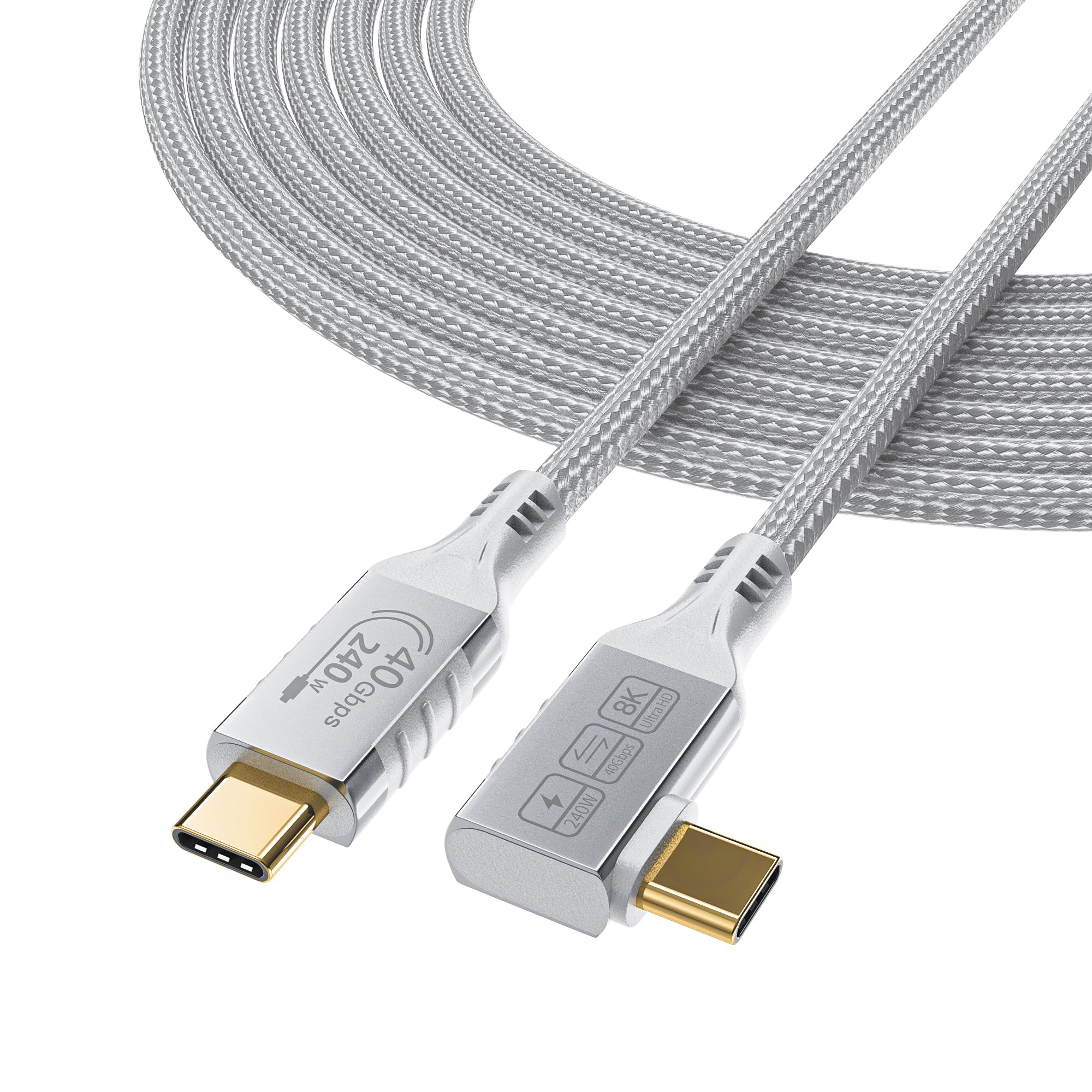 HOTUTUKI White Thunderbolt 4 Cable Long, Right Angle USB 4 Cable 90 Degree, 240W USB c Cable 40gbps Data Transfer, 8K@60Hz Display, Compatible with