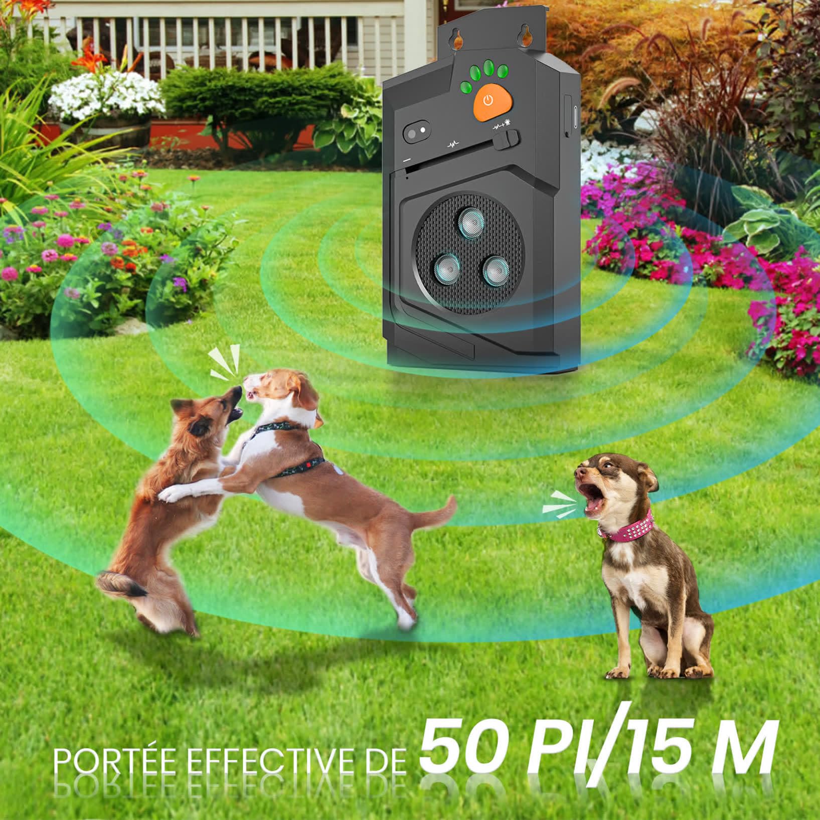 Anti Aboiement Chien Ultrason Puissant – Anti-Aboiement pour Chiens, Ultrason Chiens 3 Modes, Étanche IP56, Portée 15m, USB Rechargeable, Arrêt Automatique du Aboiement Intérieur/Extérieur