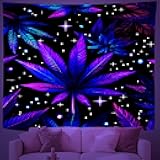 Leaves Tapestry UV Reactive, Weed Plant Blacklight Tapestry, Starry Sky Tapestries Glow in the Dark, Neon Wall Hanging Poster for Bedroom Dorm Living Room Decor 36x48 Inches