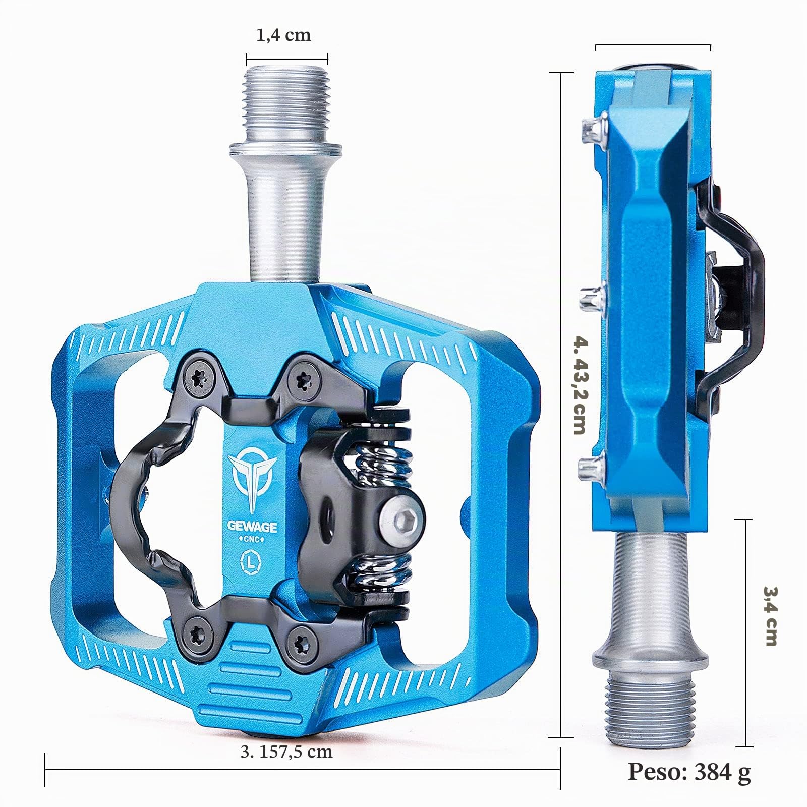 GEWAGE Pedales de Bicicleta SPD, Pedales de Bicicleta de montaña, Pedales de Dos Lados SPD, Plataforma Ancha Antideslizante con 3 rodamientos, Pedales Ligeros de Aluminio de 9/16 Pulgadas
