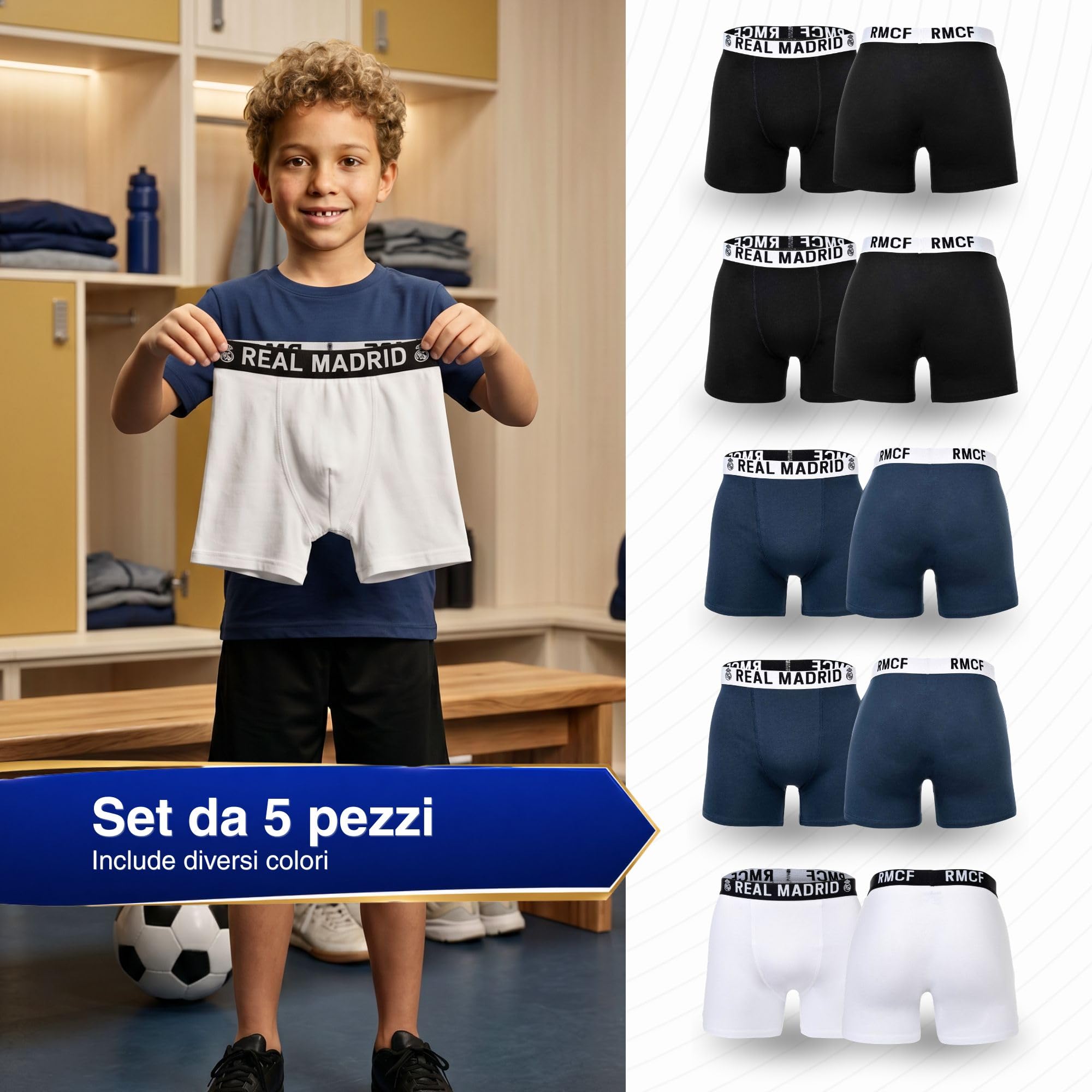 Real Madrid Boxer Ragazzi, Confezione da 5 – Prodotto con Licenza Ufficiale | Set di Boxer 95% Cotone | Regalo per i Tifosi più Piccoli con Elastico con Logo