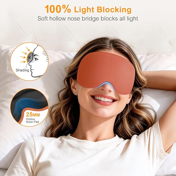 Gritin 3D Sleep Masks for Men & Women, 100% Blackout Eye Mask with Deep Contoured Eye Cups for Side Sleepers, Adjustable Elastic Strap, Soft Breathable Fabric & Earplugs for Sleeping-Reddish Brown