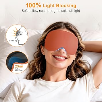 Gritin 3D Sleep Masks for Men & Women, 100% Blackout Eye Mask with Deep Contoured Eye Cups for Side Sleepers, Adjustable Elastic Strap, Soft Breathable Fabric & Earplugs for Sleeping-Reddish Brown