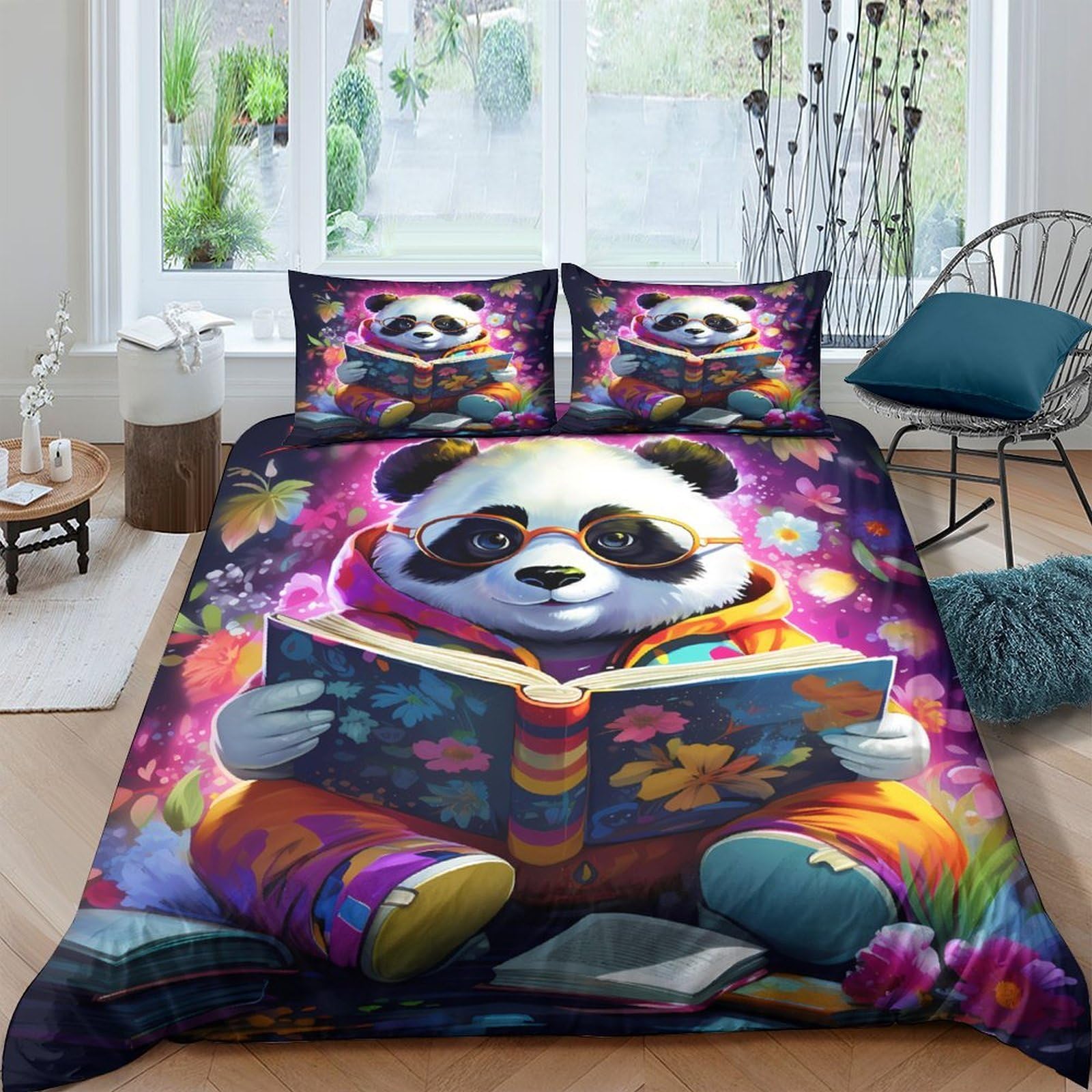 TUFRTGYHN 3D Printed Cute Panda Reading Duvet Cover Set Microfiber Soft Colourful Cartoon Bedding Set with 2 Pillowcases for Bedroom Home Decor Single（135x200cm）