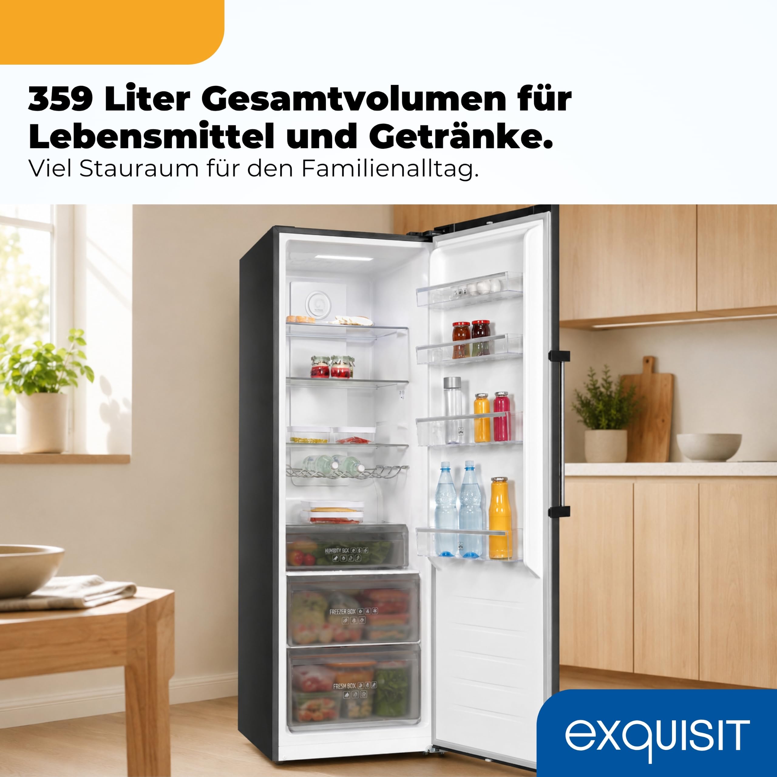 Exquisit Vollraumkühlschrank 359 l No Frost | Energieklasse C | Super-Kühlen | digitale Temperaturanzeige | LED-Beleuchtung | KS5360-V-HE-040C inoxlook-az | Inoxlook-az