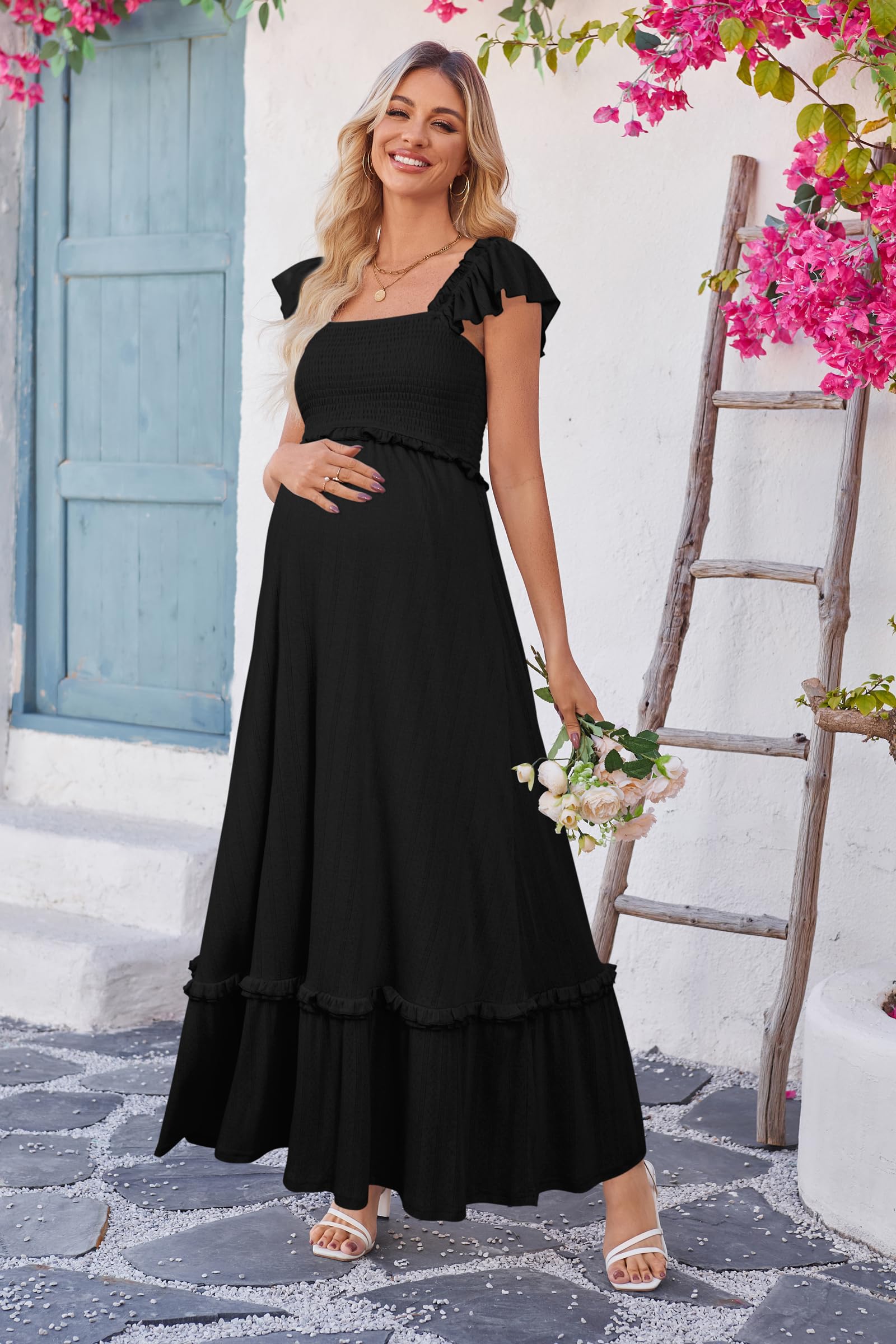 OUGES Donna Estate maternità Photoshoot Dress Boho Maxi Smocked Baby Shower Dress