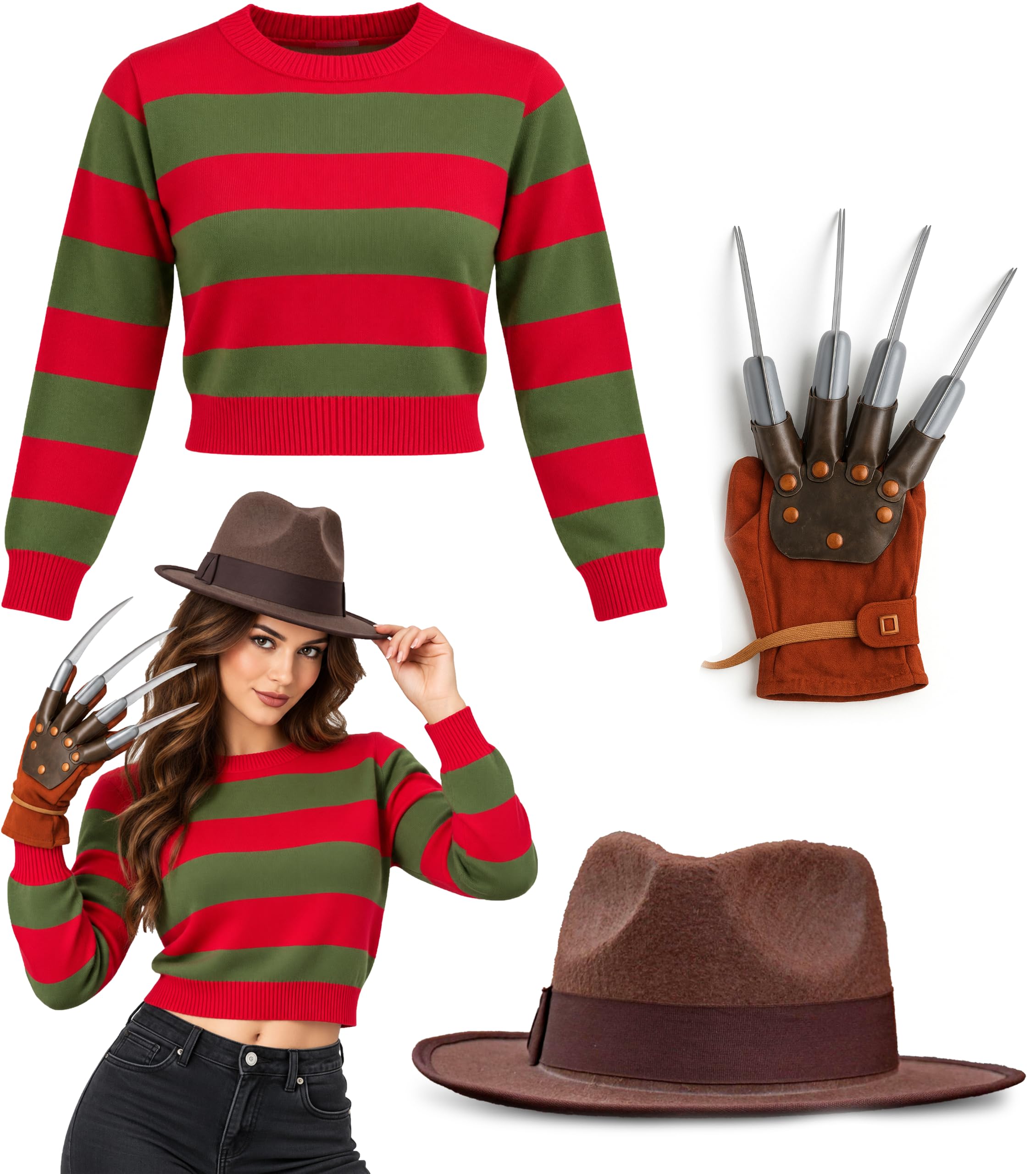 Women’s Halloween Freddy Krueger Costume Hat Claw Cropped Jumper, S/M