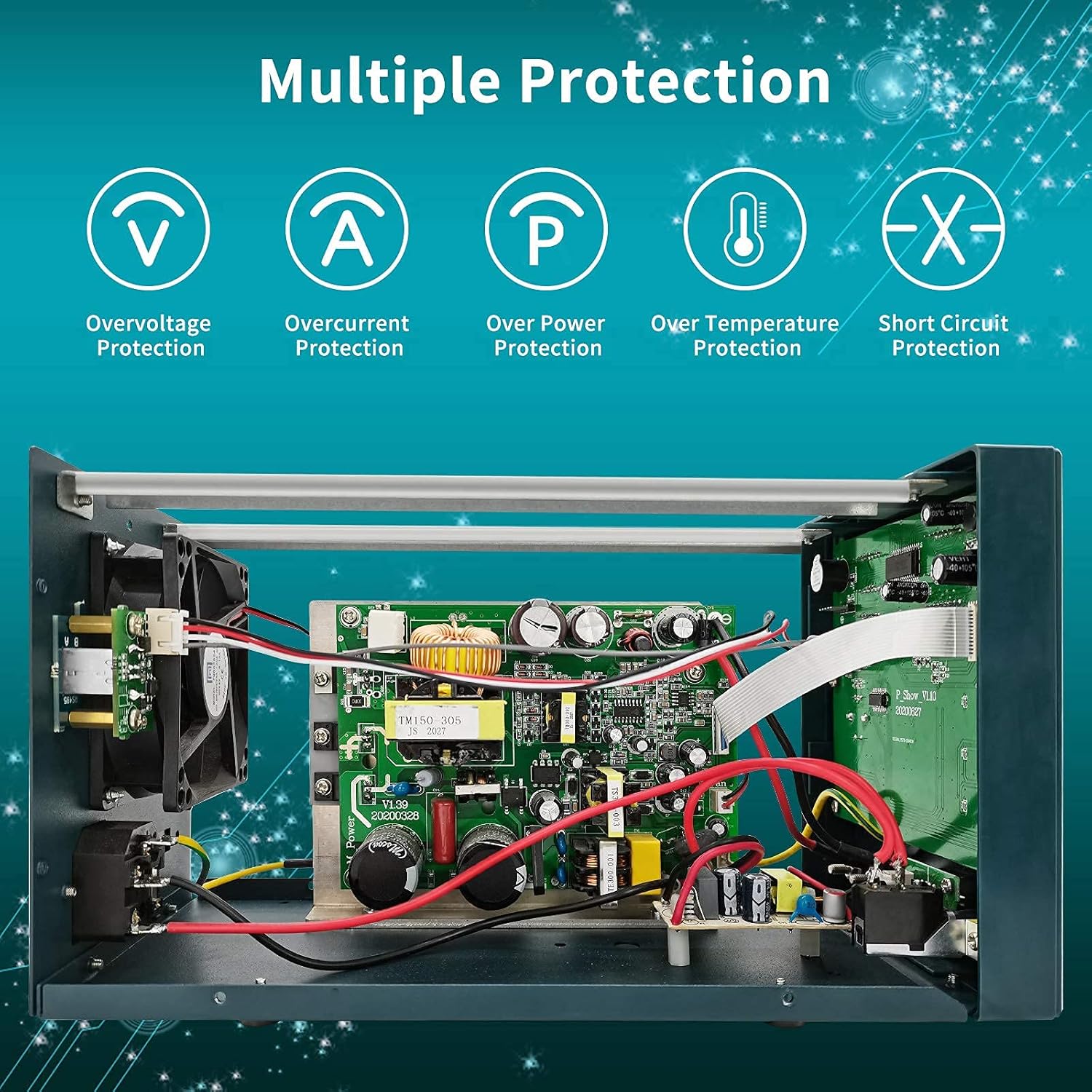 Internal view of HANMATEK HM310T Power Supply showing circuit board and protection features