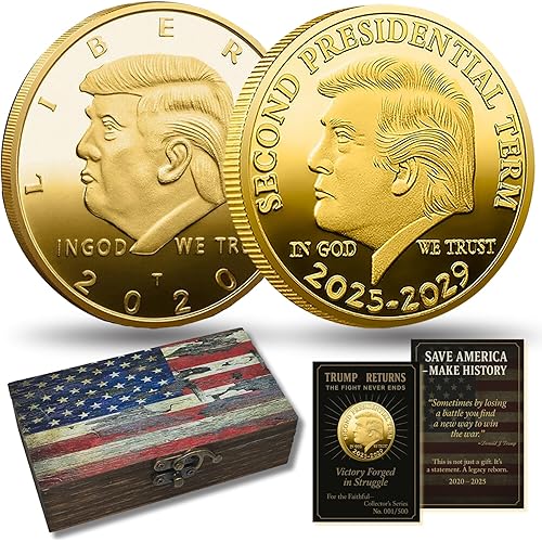Donald Trump Gold Coin Gift Set, 2020 & 2025 President Challenge Coins in USA Flag Wooden Keepsake Box, Collector Gift for Patriots Trump Merchandise