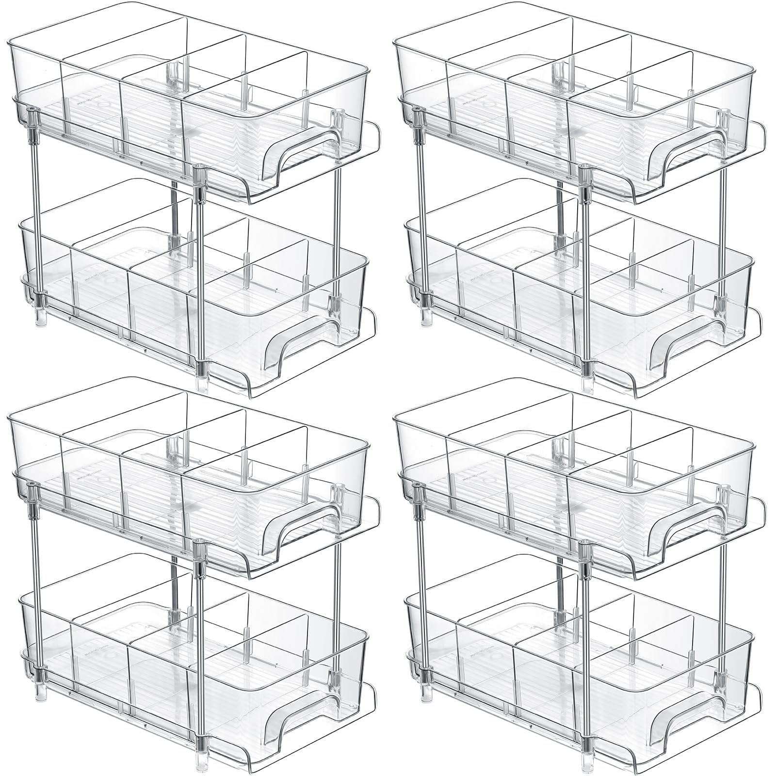 4 Pcs 2 Tier Pull out Bathroom Organizers Storage with 4 Dividers, Clear Kitchen Under Sink Organization Slide out Cabinet Drawer Closet for Pantry, Vanity Counter, Counter, Medicine Bin