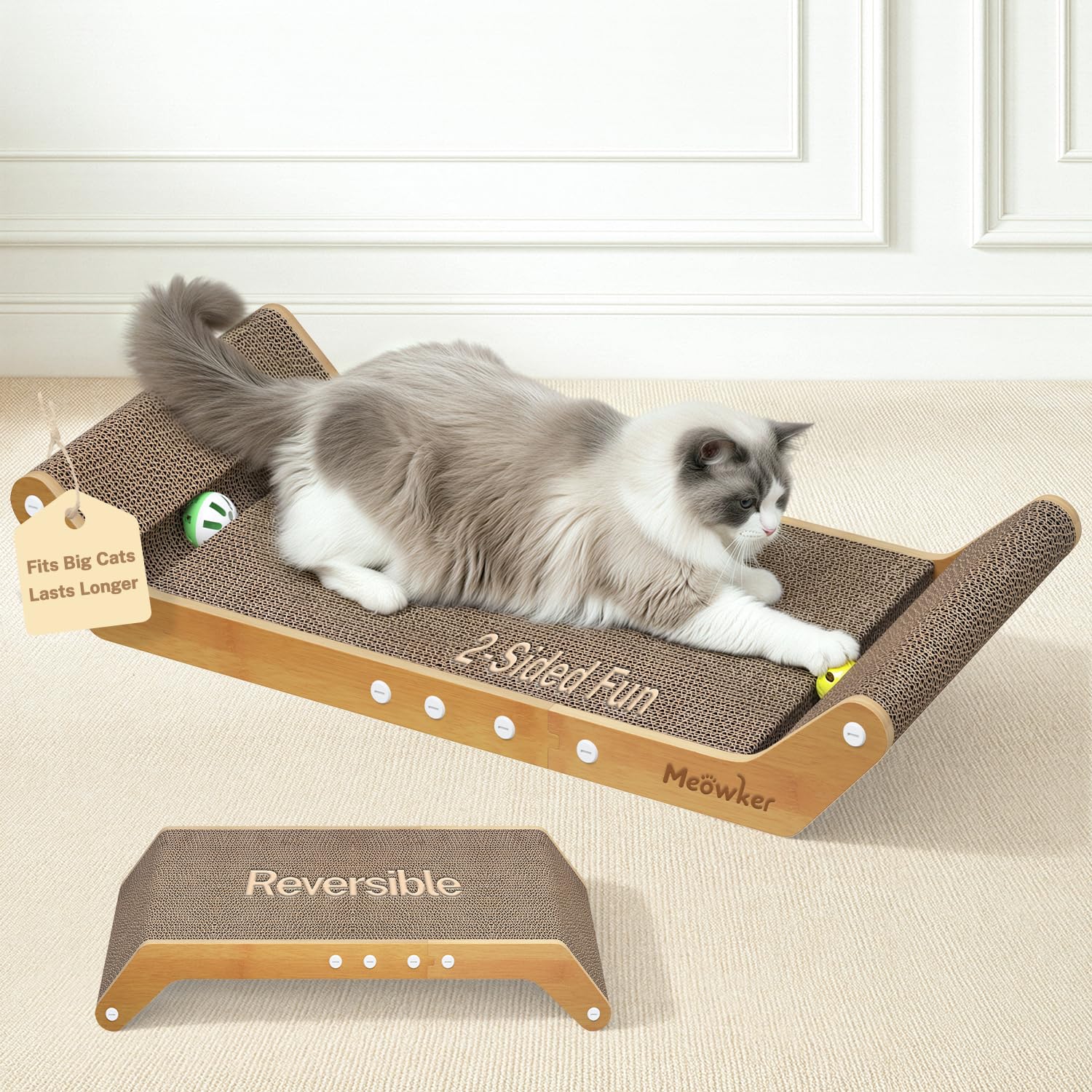 Meowker Modern Cat Scratcher Pad Cardboard for Indoor, 23.8" Scratching Lounger Board with Ball Track for Kittens & Large Cats, 3 in 1 Curved Floor Bed for Furniture Protection