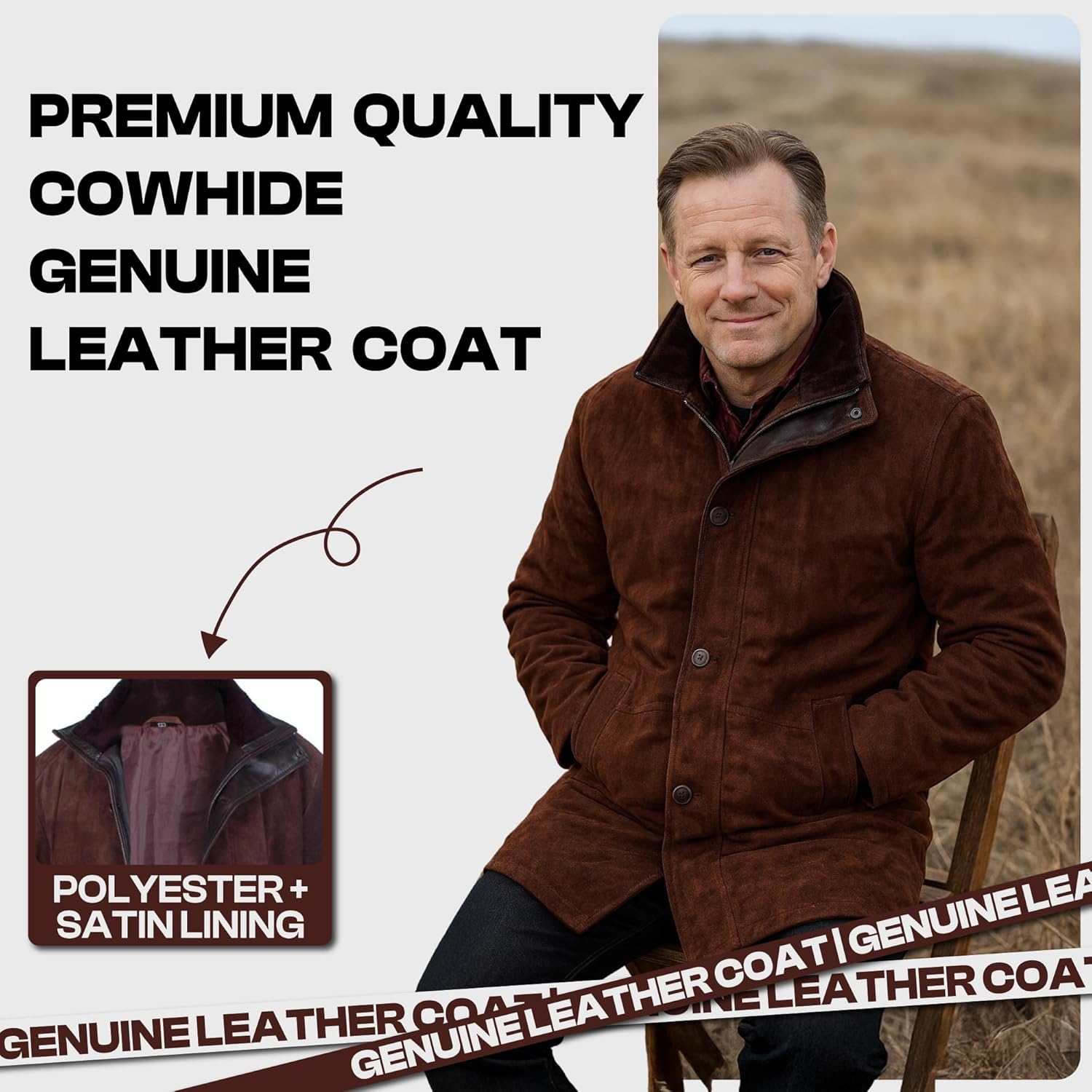 Flesh & Hide F&H Men's Sheriff Walt Longmire Robert Taylor Genuine Leather Coat - Image 4