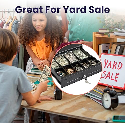 Miniatura 5 de Volcora Cajón de caja registradora manual de 13 pulgadas para sistema de punto de venta (POS), hasta servicio pesado negro con 4 billetes y 5