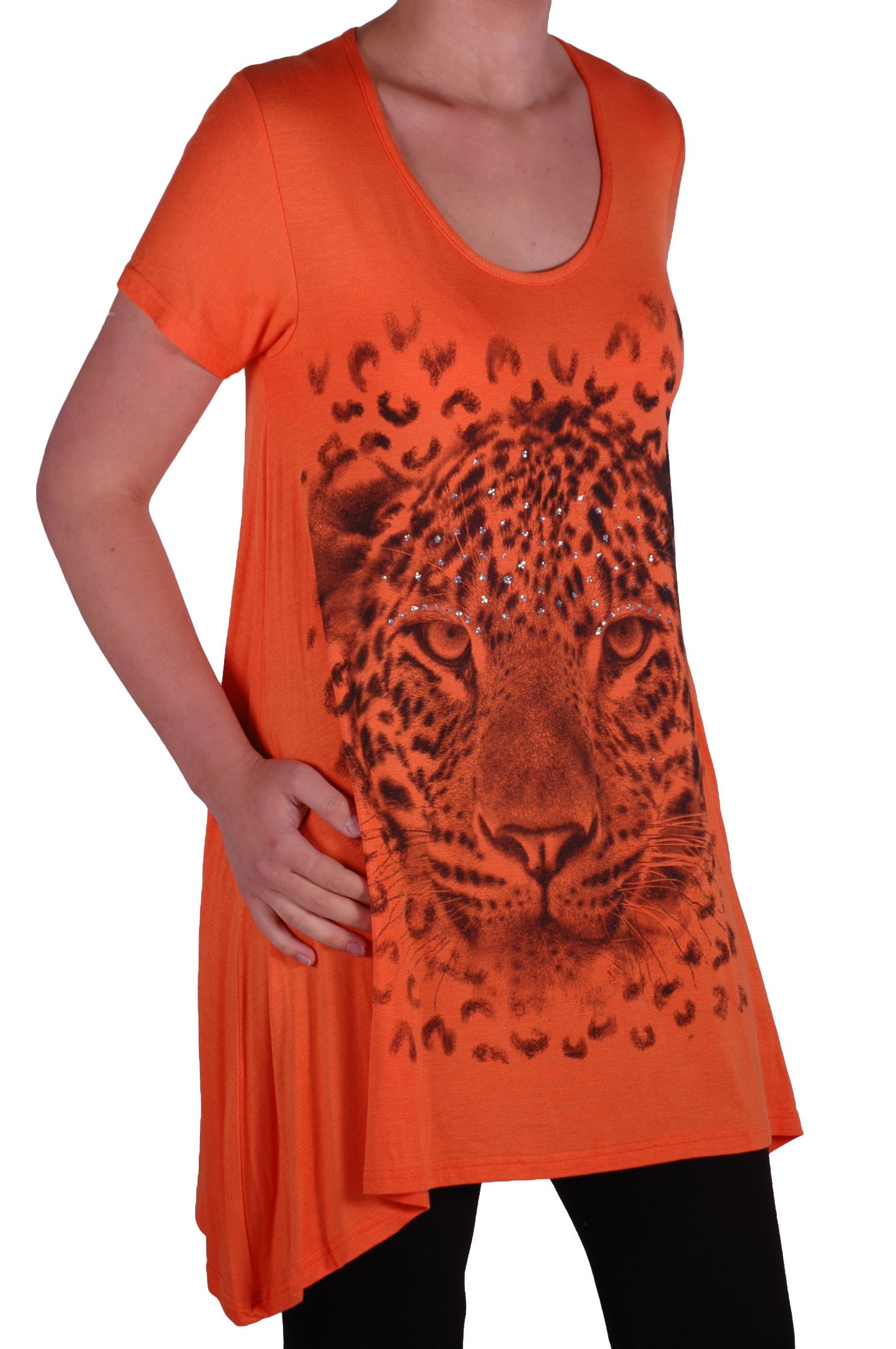Eye Catch Women's Orange Plus - Graphic Tiger Long Draped Sparkle Short Sleeve Stretch Top - Comfortable And Adjustable - Sizes 14-28
