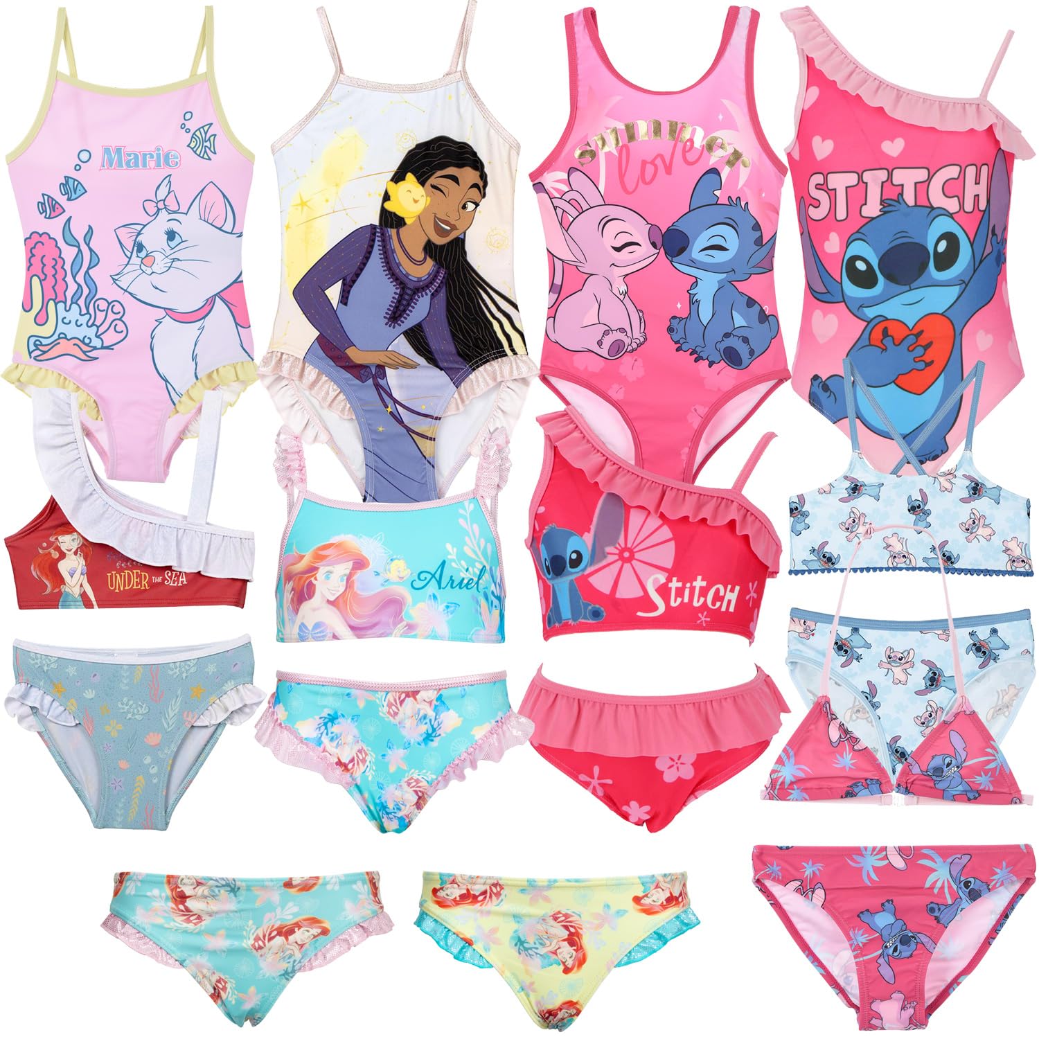 Characters Cartoons Princesas Disney Ariel Lilo & Stitch - Disfraz de baño completo de 1 pieza o bikini de 2 piezas de playa y piscina - Licencia oficial, Lilo Stitch Bikini 0125 Rosa