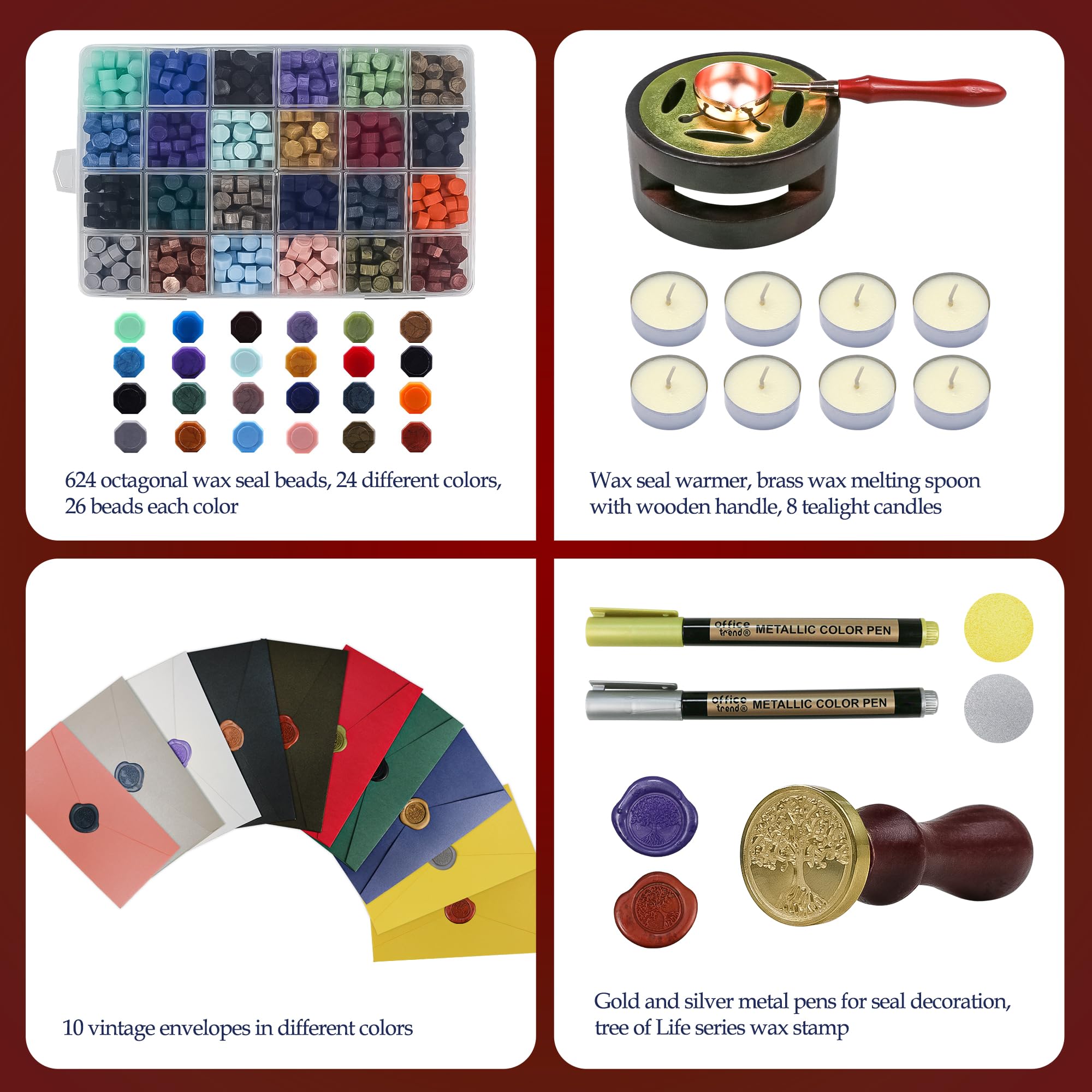 TRINIDa Wax Seal Kit, Premium Wax Seal Stamp Kit with 24 Colors 624 Pcs Beads, Metallic Pens, Warmer, Spoon and Tea Candles for Wedding Invitation, Letter Envelope, Gift Cards & DIY Crafts