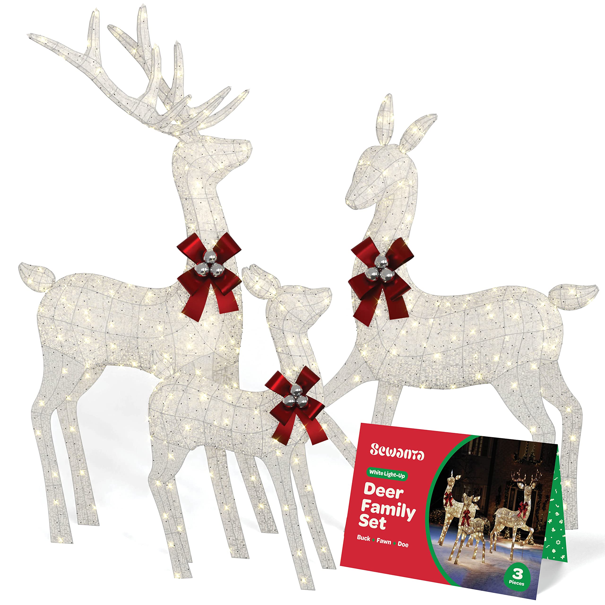 Impressive Reindeer Christmas Decoration Family [Set of 3] Large Lighted Christmas Deer Outdoor Decoration Display with 365 LED Lights all-weather (Buck/Doe/Fawn) With Red Bows/Tie-Down Stakes - White