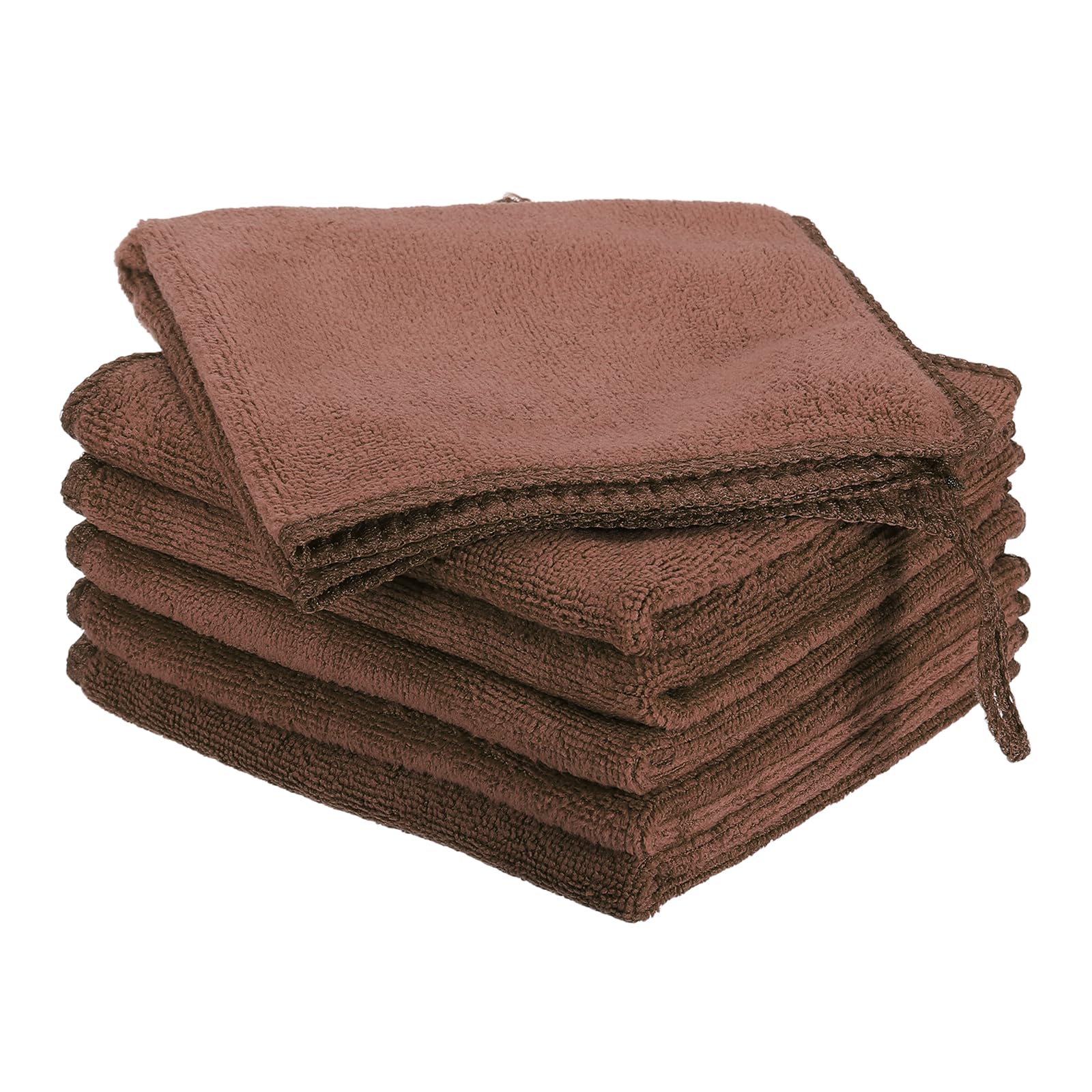 sourcing map 6 Pack Microfiber Cleaning Cloth, 12" x 12" Multi-Functional Cleaning Towels Reusable Absorbent Rags with Hook for Car Wash Kitchen Household Window Clean, Brown