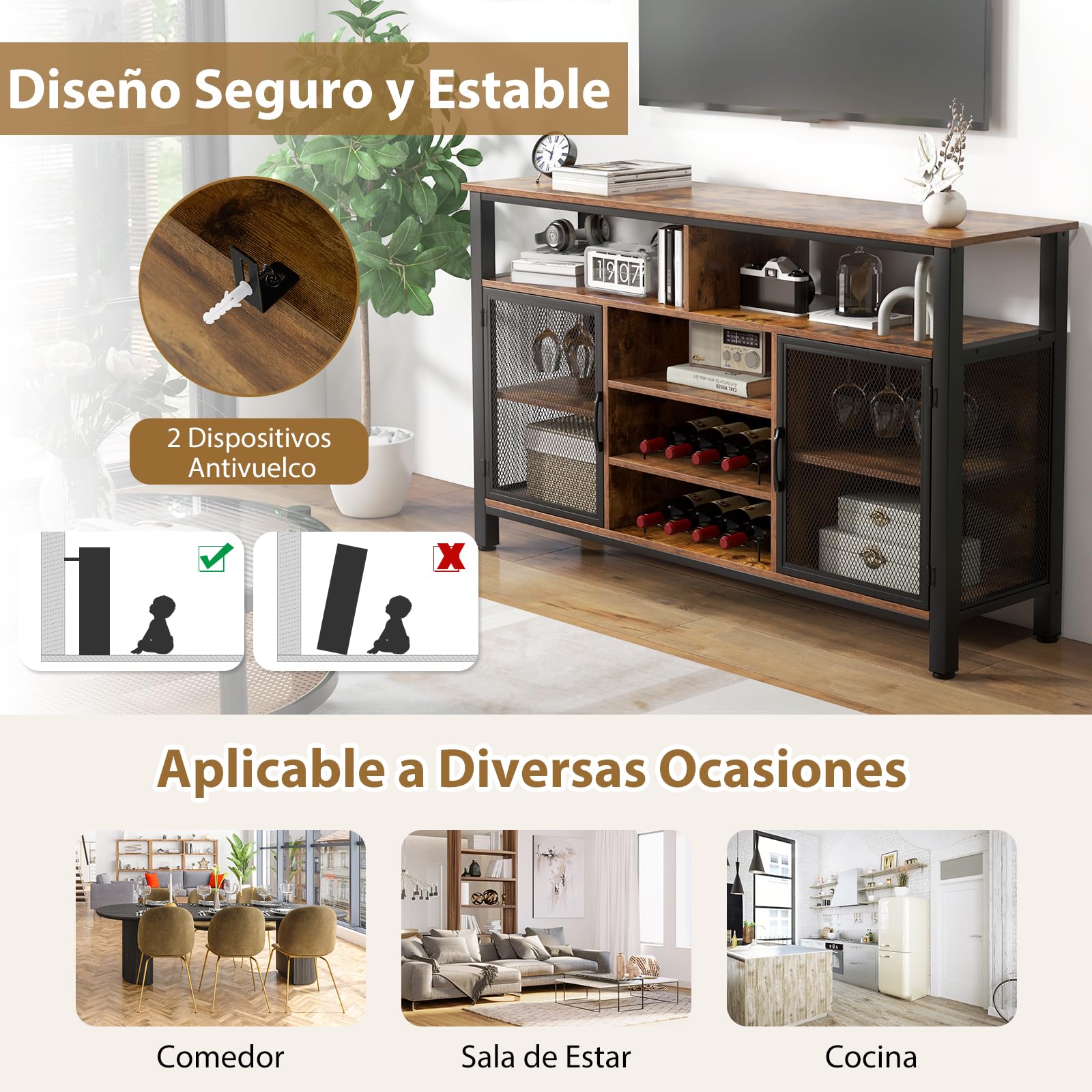 GOPLUS Mueble para Vinos, Estación de Café de 140 Cm con Estantes para 8 Botellas de Vino y Soportes para Copas, Aparador de Cocina con Almacenamiento para Comedor, Sala de Estar (Marrón)