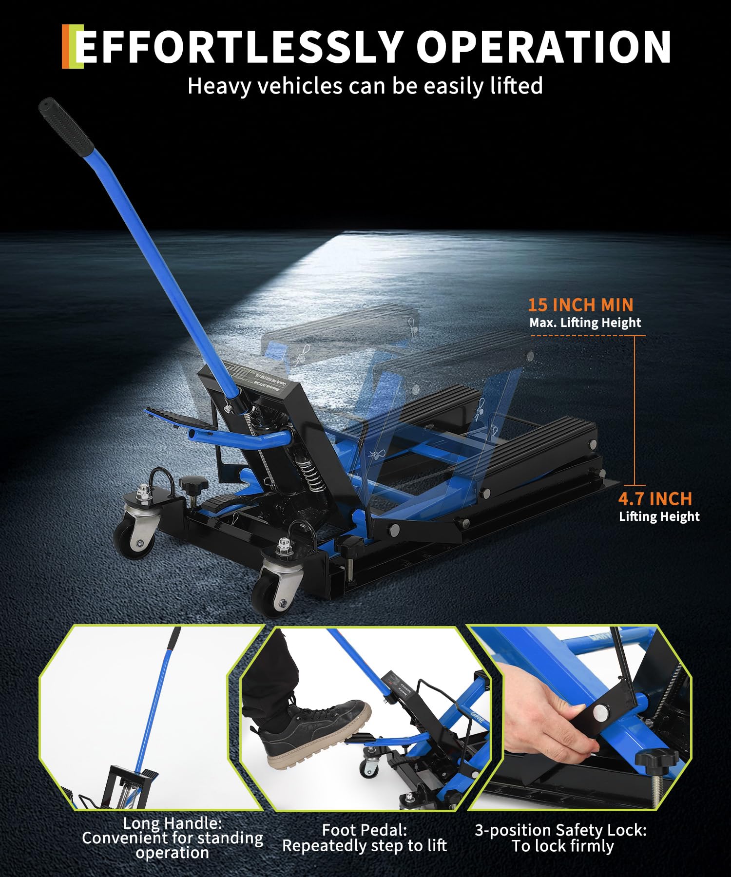 Elevador hidráulico para motocicleta, capacidad de 680 kg, soporte de elevación resistente con pies con ruedas y asa, altura ajustable de 11,5 a 39 cm, mesa de elevación para quad, UTV, ATV y motos de