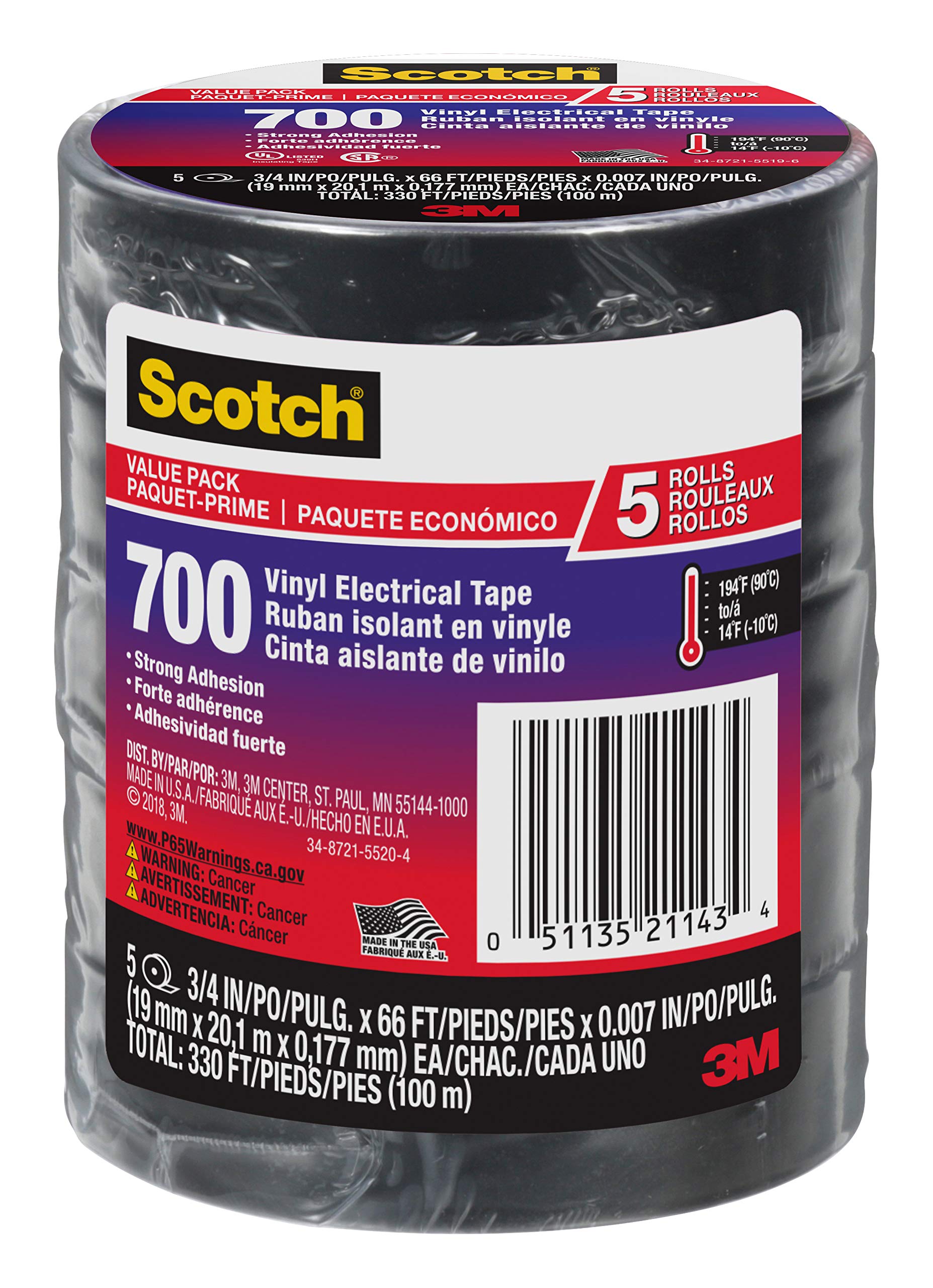 Scotch Vinyl Electrical Tape, 3/4-In x 66-Ft, 5-Pack (24413-BA-6)