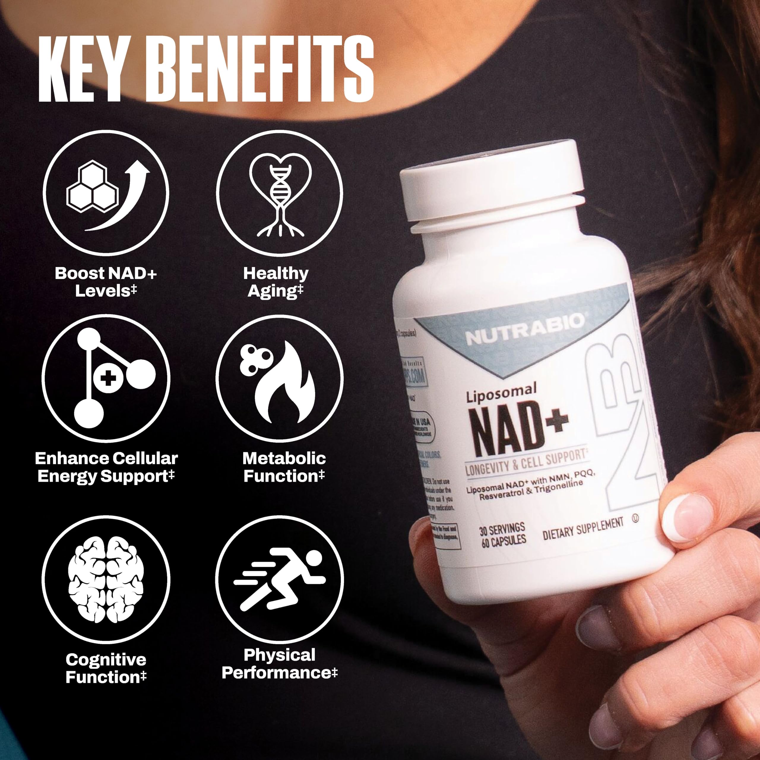 NutraBio Liposomal NAD+ Supplement with Resveratrol, NMN & PQQ for Longevity and Cell Support for Men and Women, Long-Term Vitality, 60 Capsules — Amazon image 3