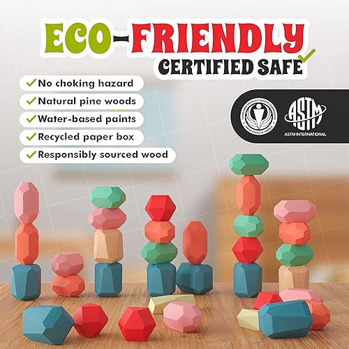 Miniatura 10 de 36 bloques apilables de madera  Juguetes Montessori para niños y niños de 1, 2, 3, 4, 5, 6 años, rocas XL, sin peligro de asfixia, piedras de