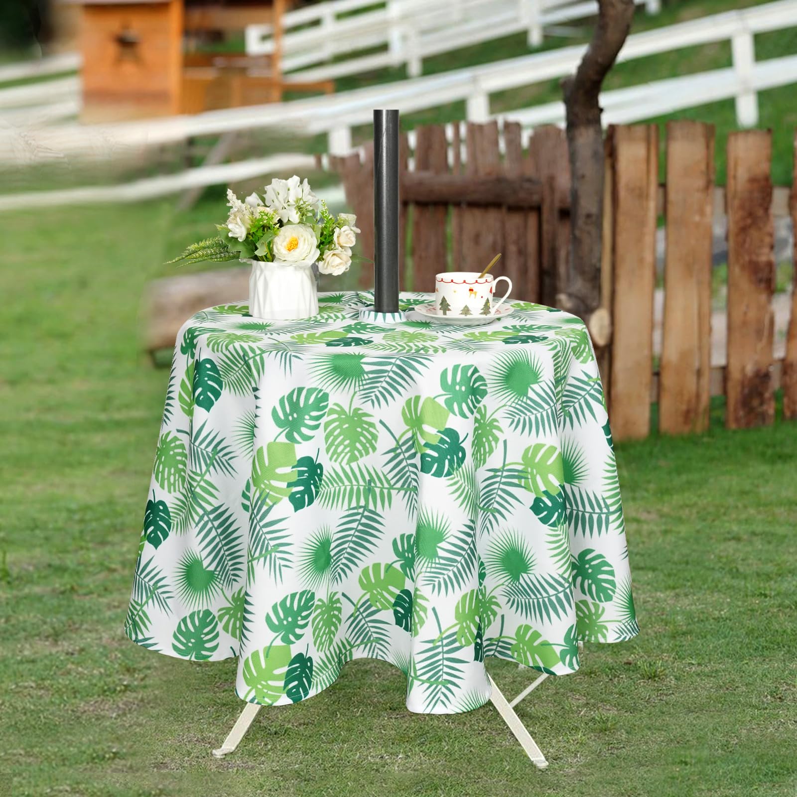 Eternal Beauty 152cm Round Little Leaf Indoor Outdoor Splashproof Tablecloth with Umbrella Hole and Zipper for Patio Garden Party and BBQ (60") - Image 4