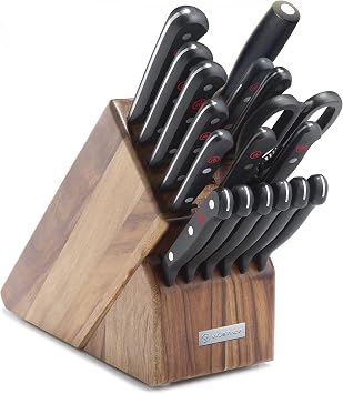 WUSTHOF Gourmet Eighteen Piece Acacia Block Set | 18-Piece German Knife Set | Precise Laser Cut High Carbon Stainless Steel Kitchen Knife Set with 17 Slot Acacia Wood Block Model 9718-6