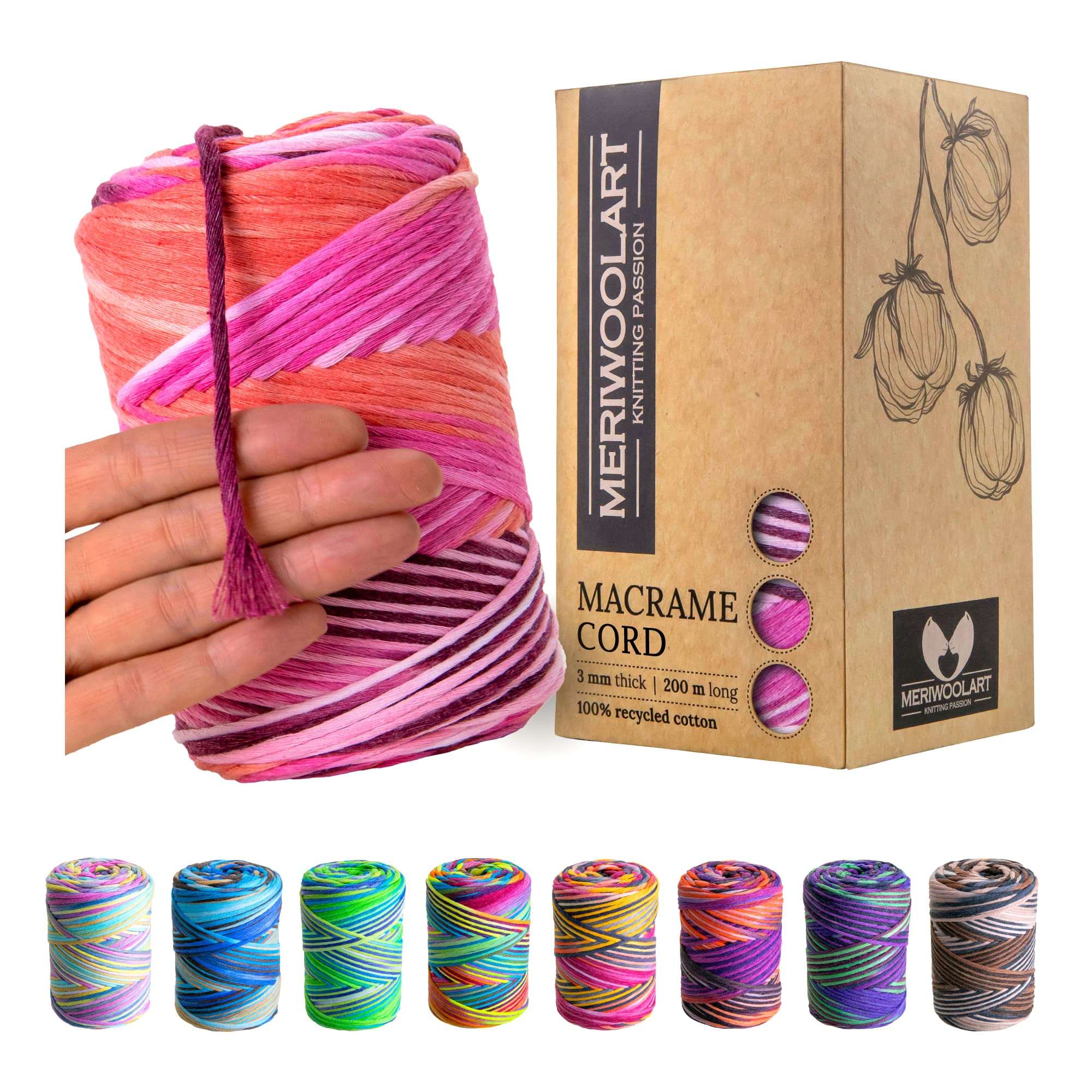 MeriWoolArt Macrame Yarn 3 mm Coloured - Super Soft, Single Twist - Oeko-Tex Certified - DIY Boho Decorative