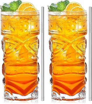 Clear Tiki Glasses Set of 2-14 oz Modern Bar Tiki Cocktail Glasses Perfect for Exotic Cocktails,Mai Tai, Hawaiian Style Cocktails, Tropical Island Drinksware SetClear-2
