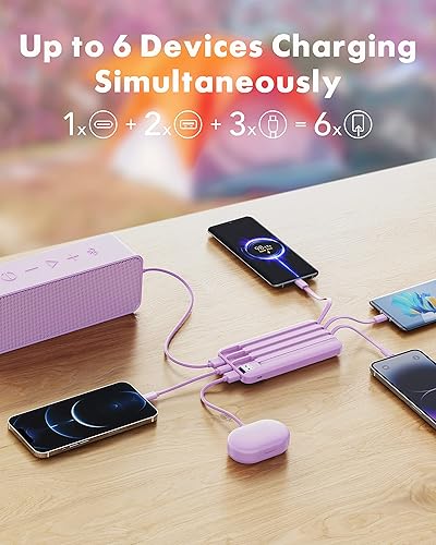 Miniatura 3 de charmast Cargador portátil con cables incorporados, banco de energía con cables, batería delgada de viaje de 10000 mAh, 6 salidas, 3 entradas, 6A