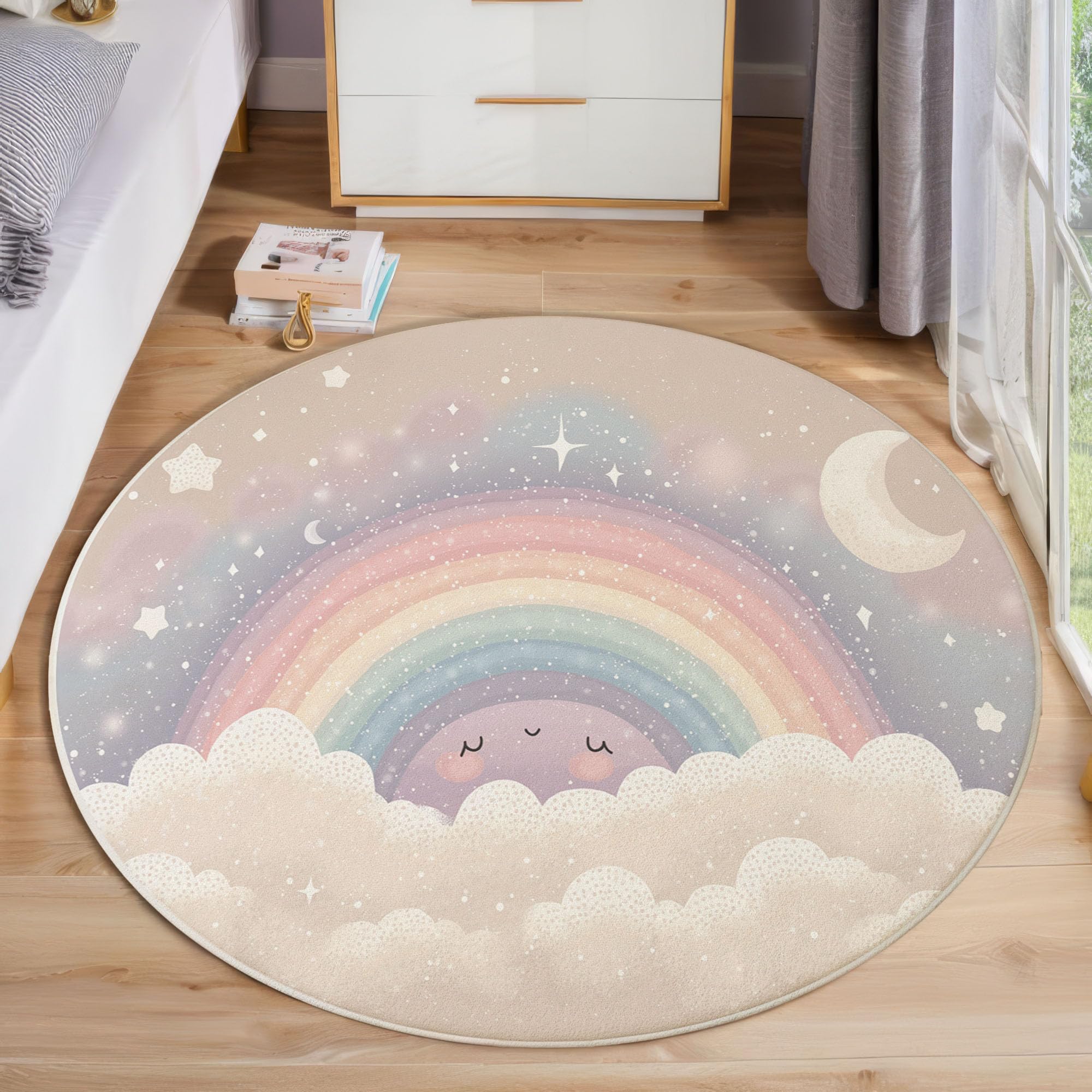 Tapis Rond Étoiles Lune Arc-en-Ciel, Style Aquarelle Onirique Lavable en Machine pour Chambre d'enfants Salle De Jeux (120cm, Multicolore)