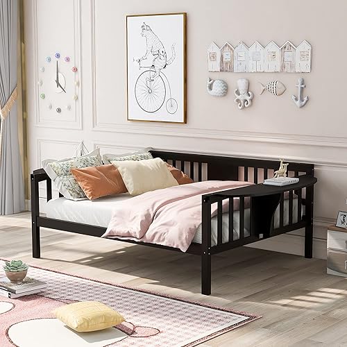 JIVOIT Sofá cama de tamaño matrimonial con estantes plegables en ambos lados marco de madera con soporte de listones de madera y pasamanos cama SOFE