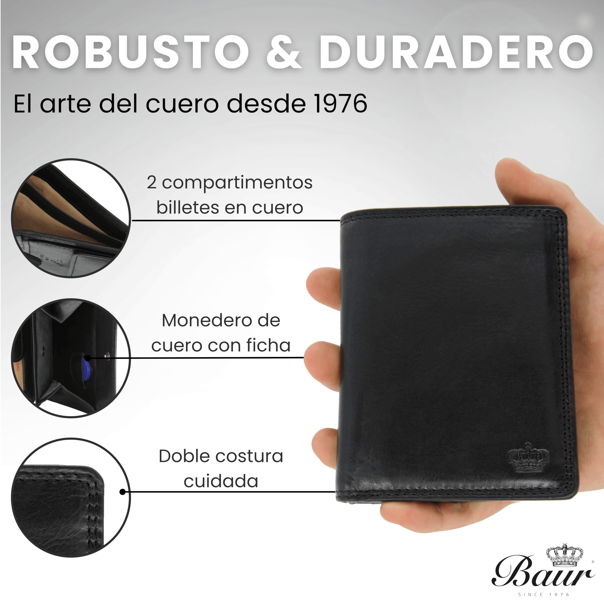 Baur - Cartera de piel auténtica para hombre, con protección RFID, Negro , 10cmx12,6cmx2cm, Clásico