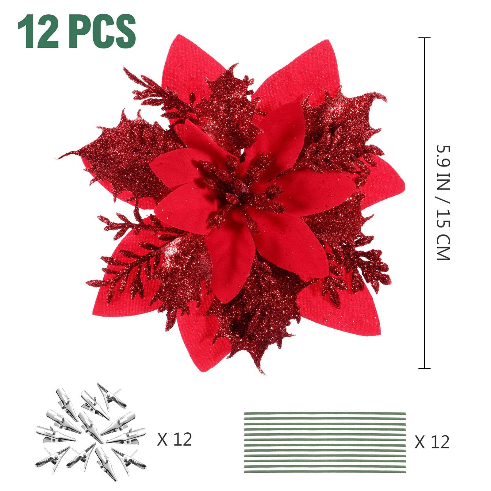 Toddmomy 12Pcs Weihnachten Glitter Weihnachtsstern Blumen Künstliche Künstliche Weihnachten Blumen mit Stiel Und Clip für Glitter Baum Neue Jahr Ornamente Ornament Rot
