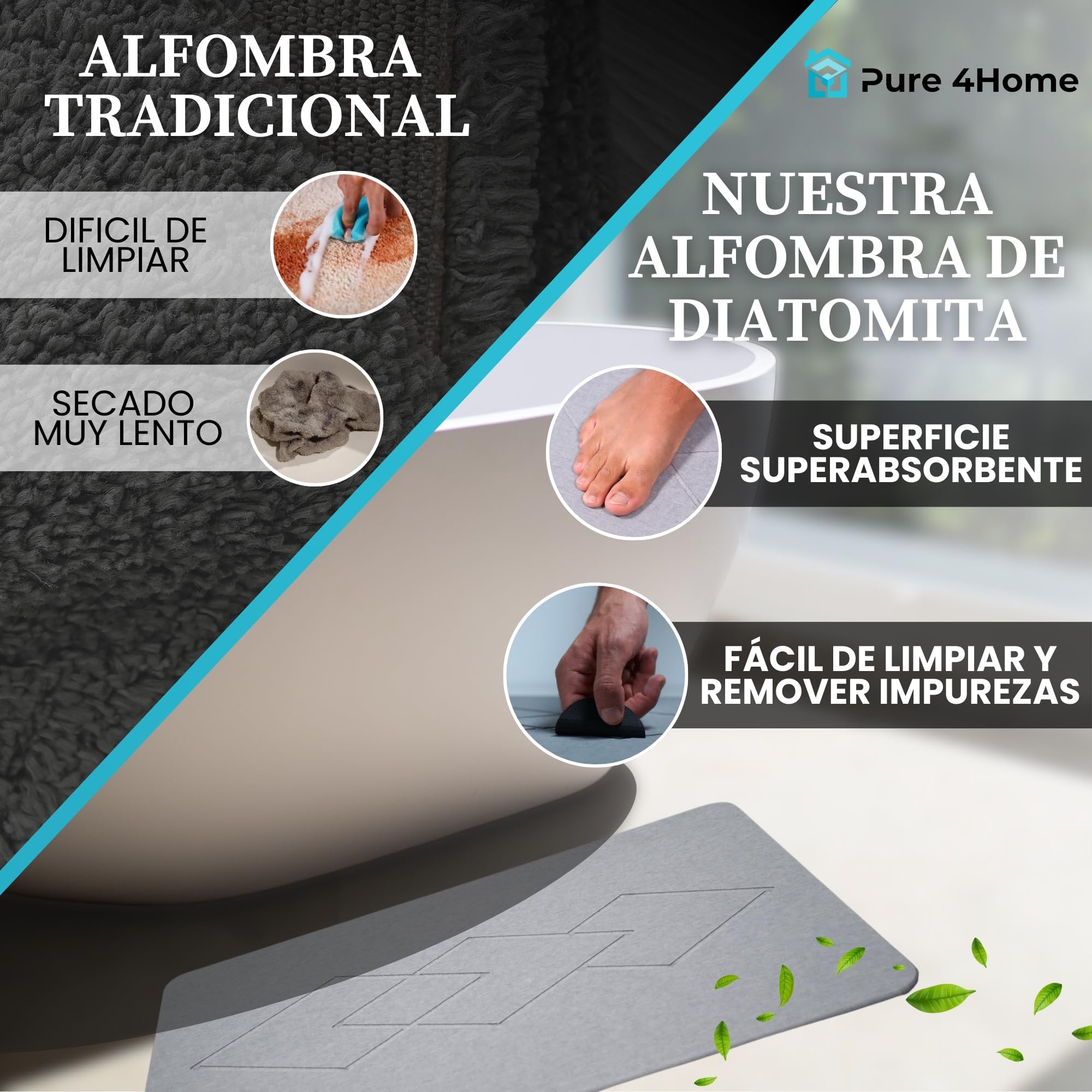 Pure 4Home Diatomite badmat, 60 x 40 cm, sneldrogend, antislip en