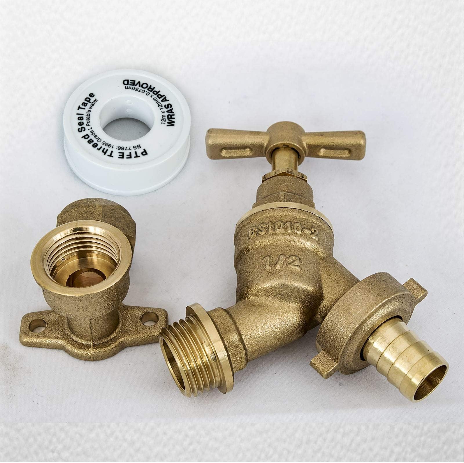 FixTheBog Outside 1/2" BSP Garden Hose Union Bib Tap Kit with 15mm Wing Back Elbow & FREE PTFE Tape
