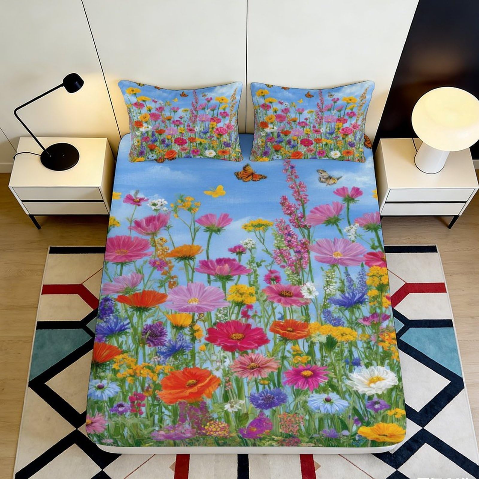 3D Printed Wildflower Fitted Sheet Microfiber Colourful Meadow Bed Cover for Bedroom Guest Room Decor Protection 90x200x25cm