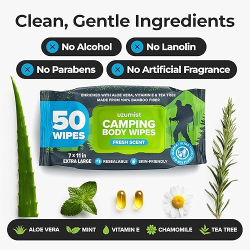 Miniatura 3 de Camping Essentials - Toallitas corporales para acampar adultos sin enjuague - 50 toallitas desodorantes XL para hombres y mujeres - Toallitas