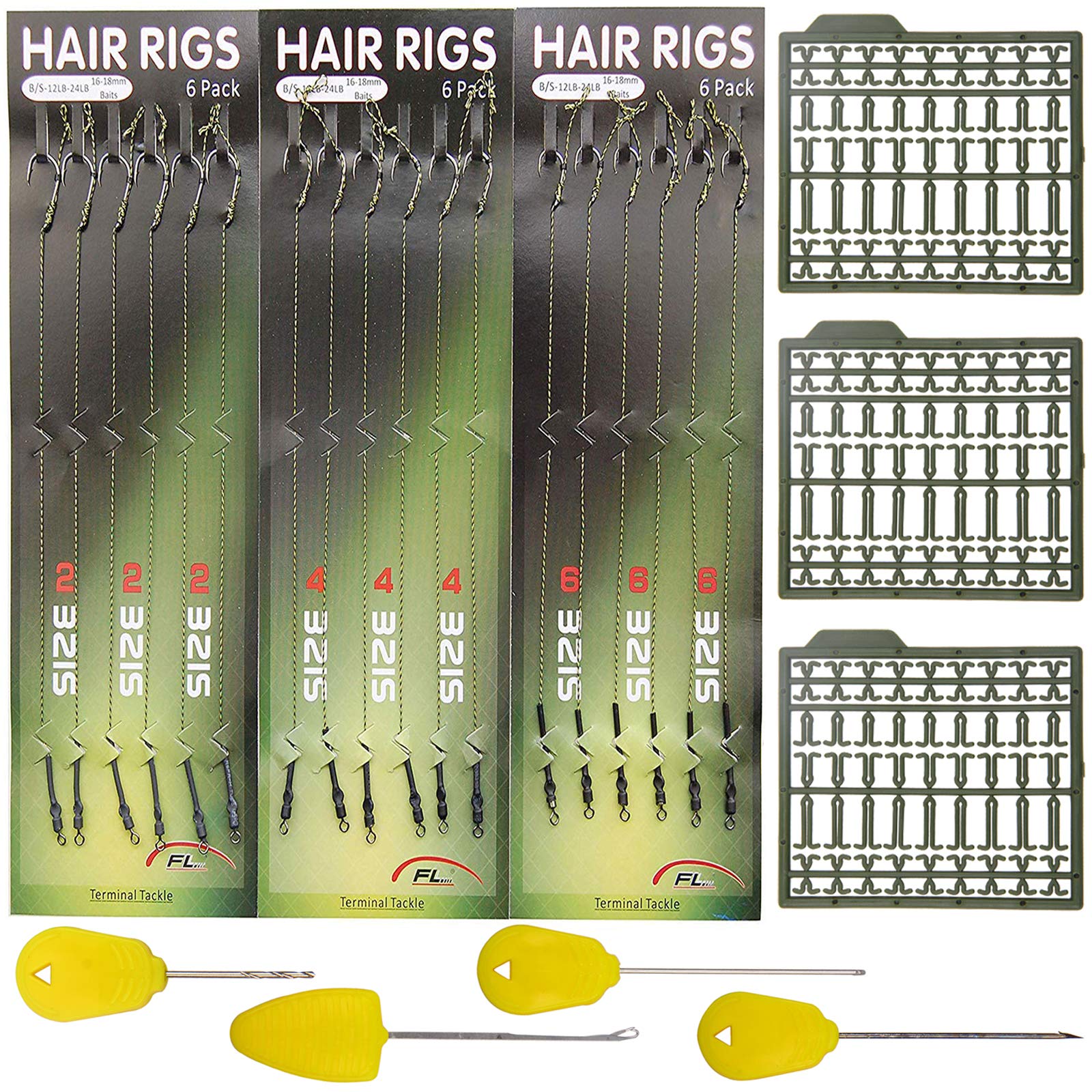 JSHANMEI 25pcs Carp Fishing Hair Rigs Kit, Including 18pcs Carp Rigs 3 Cards Boilie Stoppers and 4pcs Bait Needle Tool Carp Fishing Leader Rigging Terminal Tackle Set