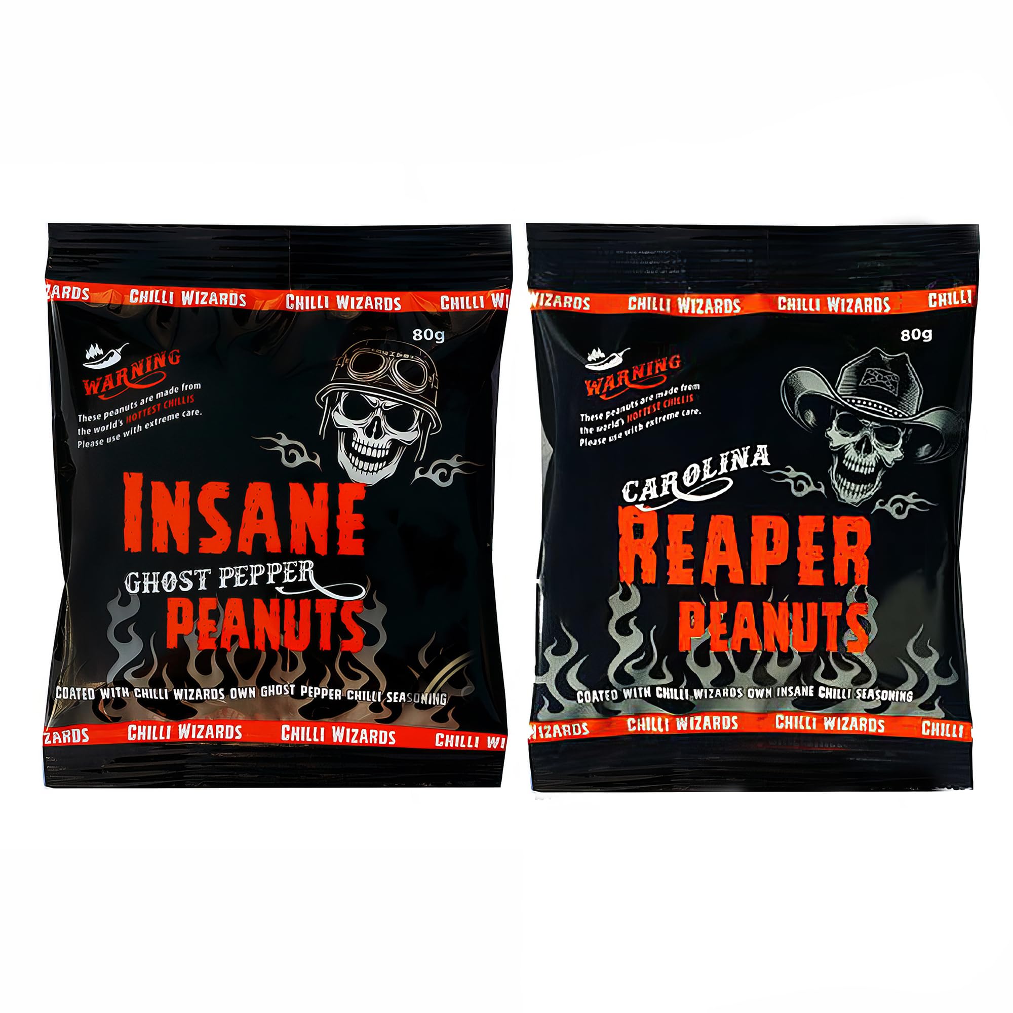 Chilli Wizards Carolina Reaper and Ghost Chilli Peanuts 2 Pack Nuts Spicy Snack Protein Crunch 80g Each Packet