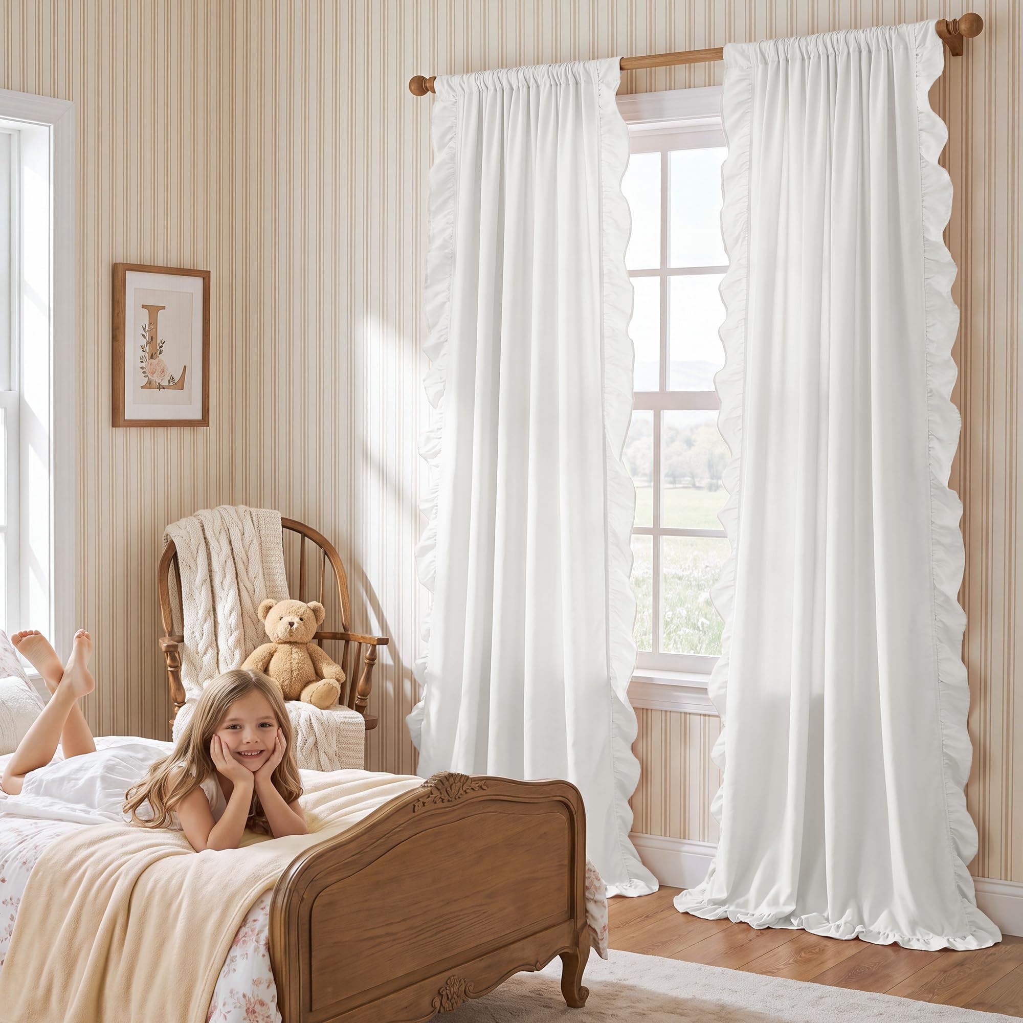 StangH Lot de 2 Rideaux à Volants pour Chambre à Coucher, Style Rustique Shabby Chic, Protection de l'intimité pour Salle à Manger, Salle de Bain, Salon, dortoir, Chalet, Campagne, Blanc, 132,1 x